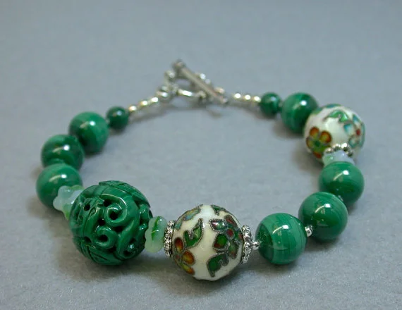 Vintage Carved Malachite Bead Bracelet