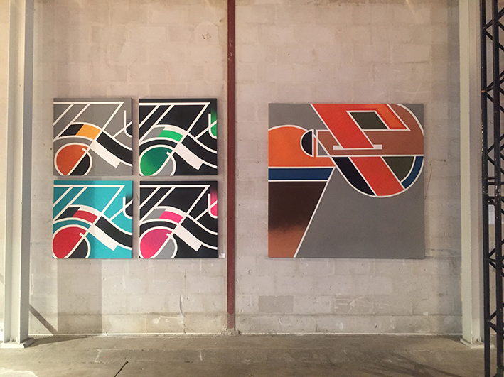 Left: Memory Garage. series of 4. 2016-'17. Spraypaint and acrylics on canvas. 100x100cm. Right: No title . 2014. Spraypaint on canvas. 200x200cm.