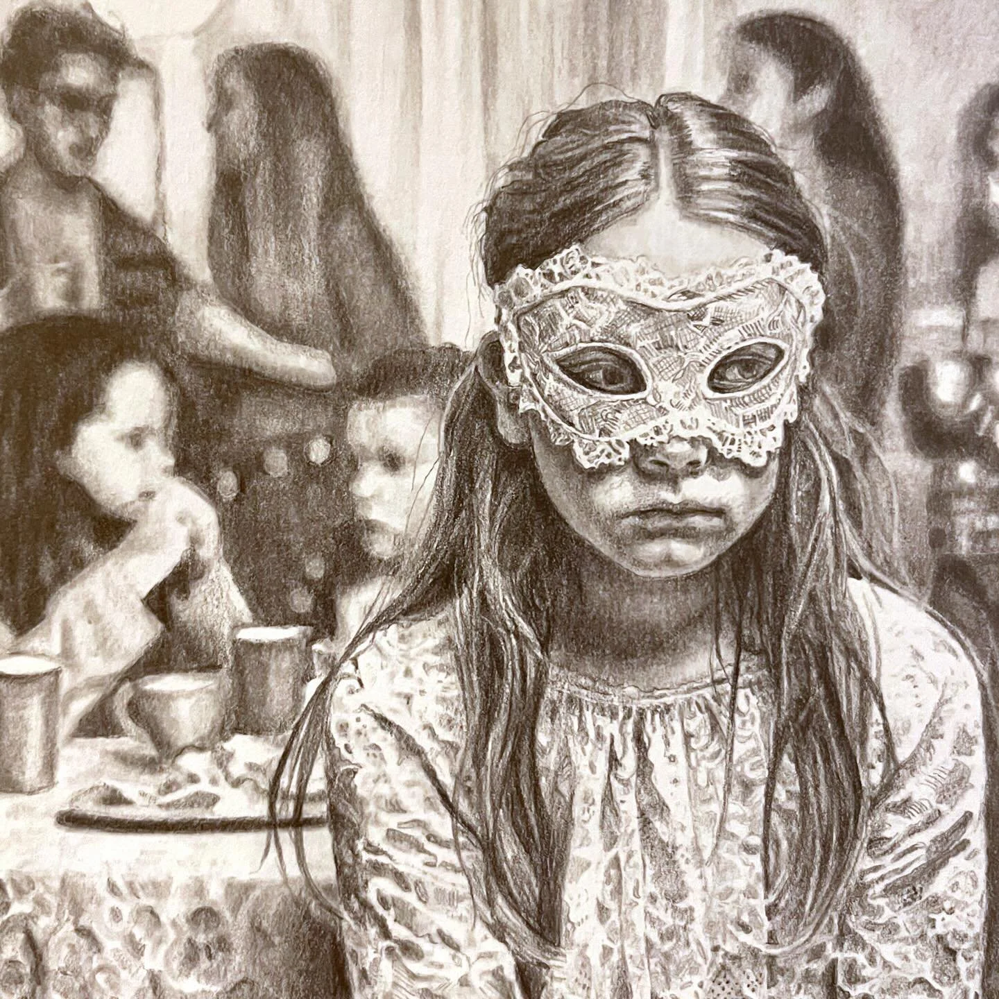 &lsquo;Tamsin&rsquo;
Graphite on paper
13x13cm

The works in the Masking series are set in a non-specific 1970s/80s era where many neurodivergent conditions went undiagnosed. The paintings explore themes of masking as a female. Girls in particular of