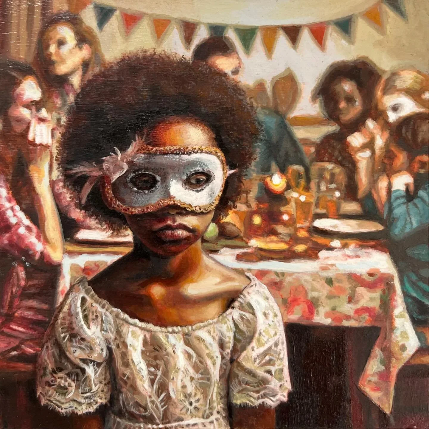 &lsquo;Joanna&rsquo;
12 x 12 cm 
Oil on wood

A girl sits alone at a birthday party, the other guests participate in well-known party games, apparently
having fun. Socially inept, another girl sits unaccompanied wearing a mask, does it help her conce