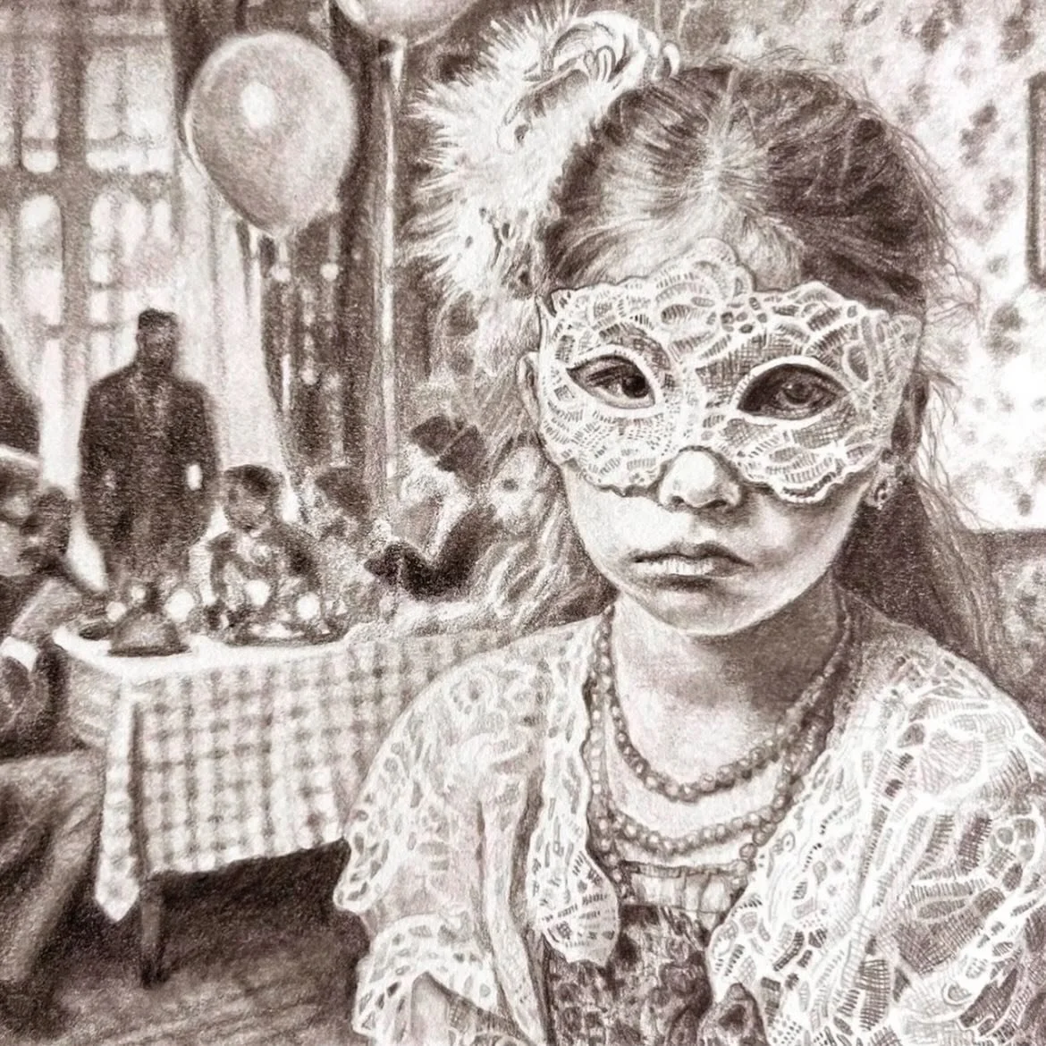 &lsquo;Emily&rsquo;
12.5 x 12.5 cm 
Graphite on paper

A girl sits alone at a birthday party, the other guests participate in well-known party games, apparently
having fun. Socially inept, another girl sits unaccompanied wearing a mask, does it help 