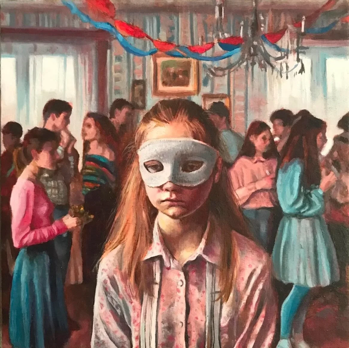 &lsquo;Lucy&rsquo;
Oil on wood
15x15cm

The works in the Masking series are set in a non-specific 1970s/80s era where many neurodivergent conditions went undiagnosed. The paintings explore themes of masking as a female. Girls in particular often face