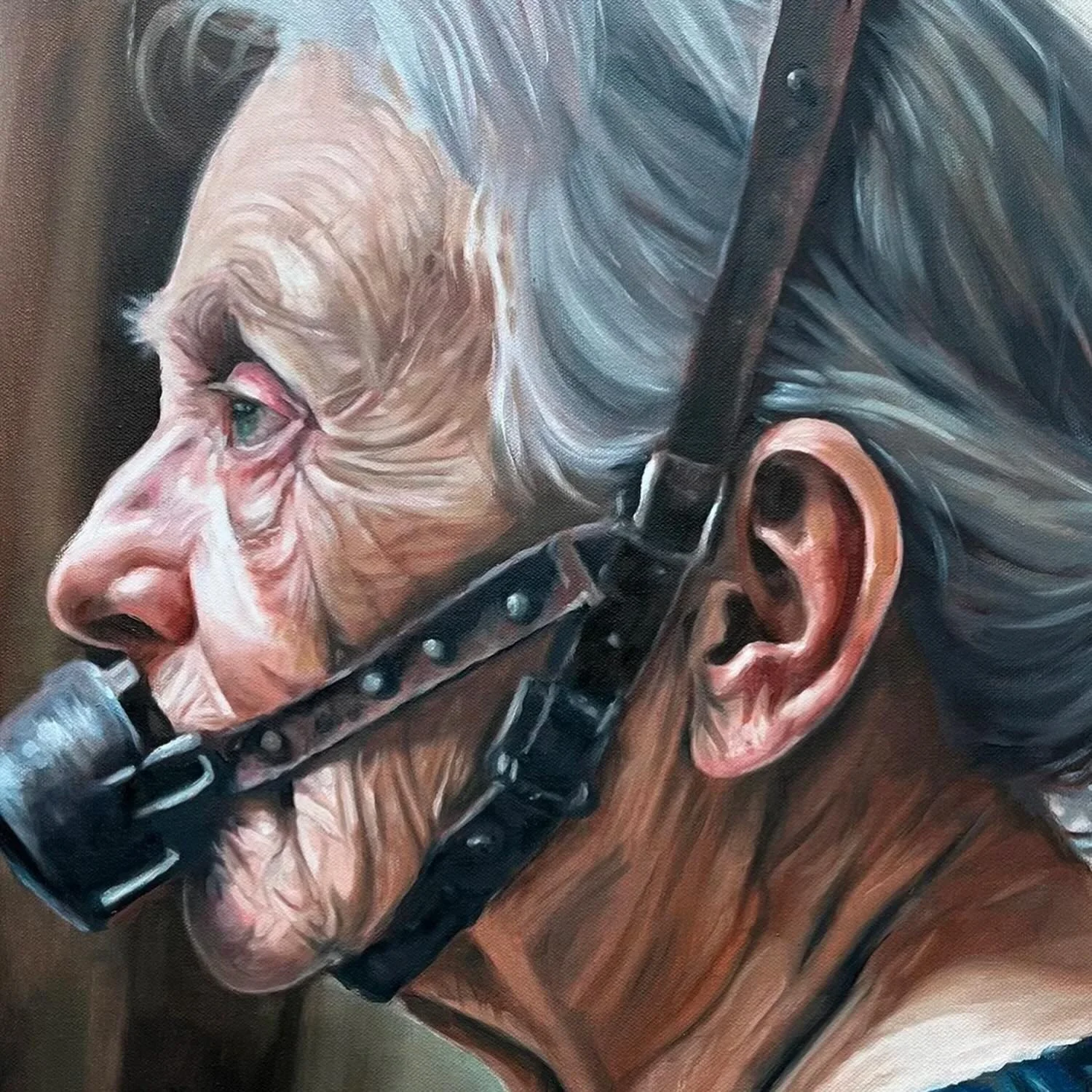 &lsquo;Aphasic&rsquo; 2025
Oil on canvas (60cm tondo)

The scold&rsquo;s bridle was an instrument of punishment and public humiliation and was mainly used on women. Constructed from iron, it functioned as a muzzle-like apparatus secured around the he