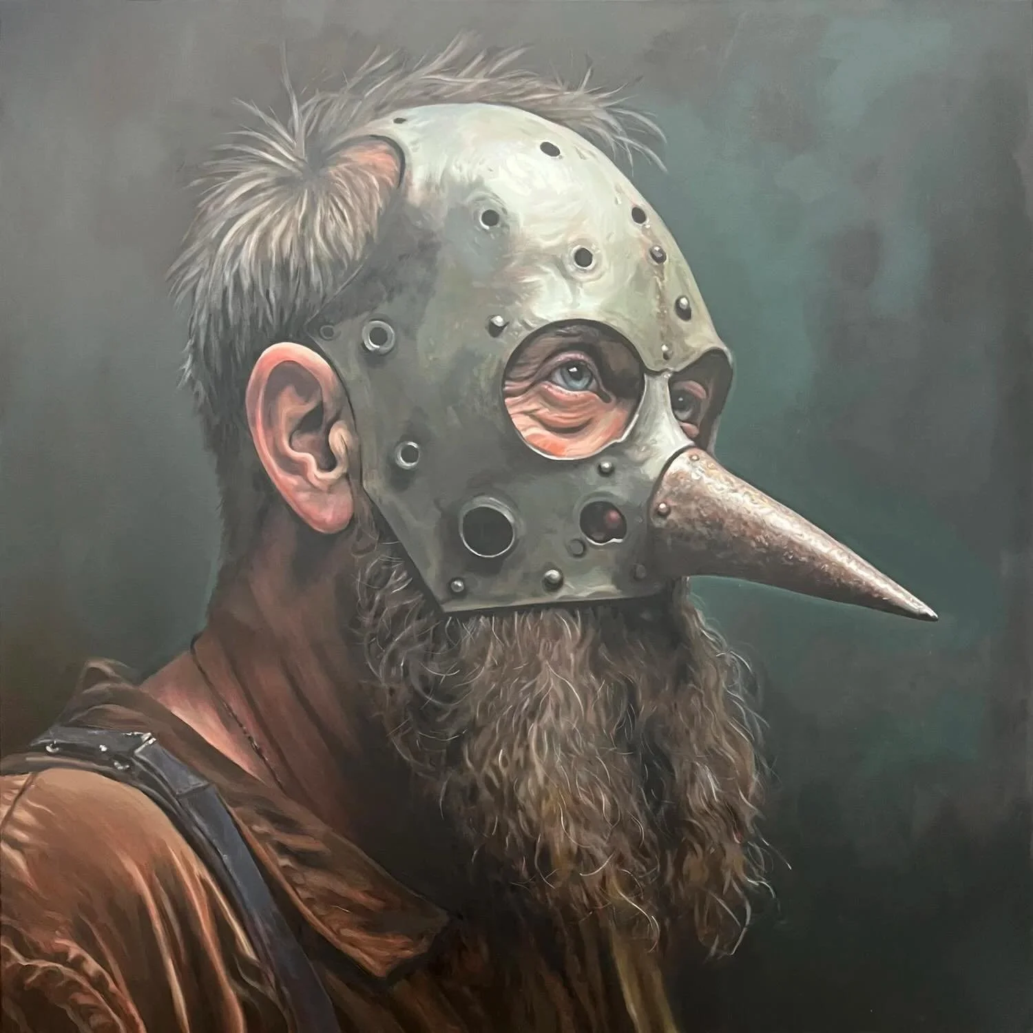 &lsquo;Ignominy&rsquo; 2026
Oil on canvas
40 x 40 in

Although the scold&rsquo;s bridle was used predominantly on women, a related device known as the Mask of Shame existed as early as the Middle Ages. These iron masks often took the form of animals 