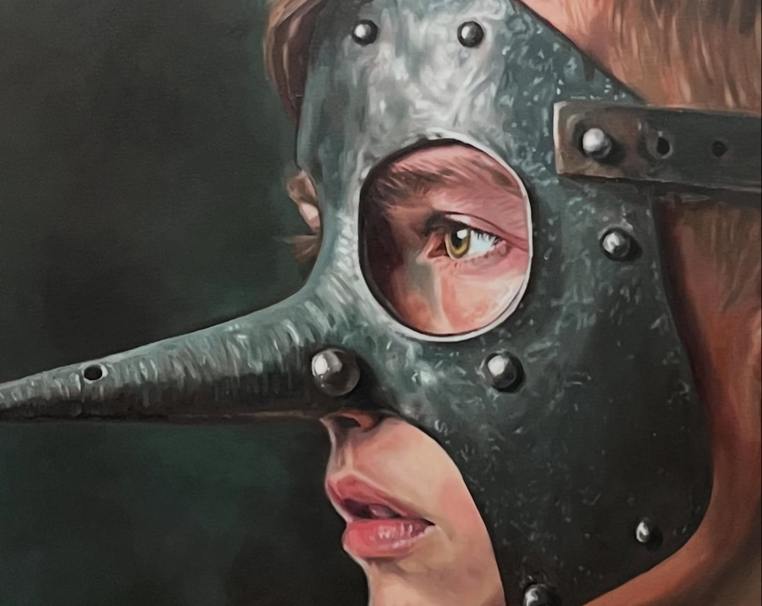 &lsquo;Abased&rsquo; 2026
Oil on canvas
129 x 103.5 cm (50.8 x 40.7 in)

Although the scold&rsquo;s bridle was used predominantly on women, a related device known as the Mask of Shame existed as early as the Middle Ages was frequently used on men. Th