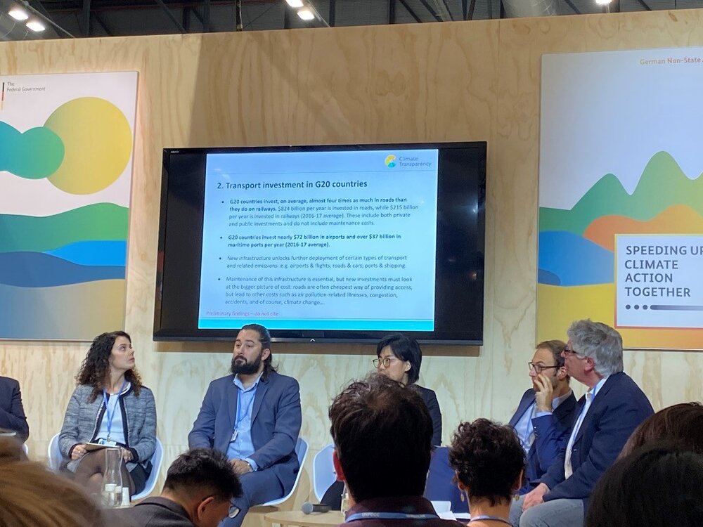 During a transportation panel in the Germany pavilion, a panelist sheds light on the fact that in G20 countries, four times more money is invested in roadways than trains.