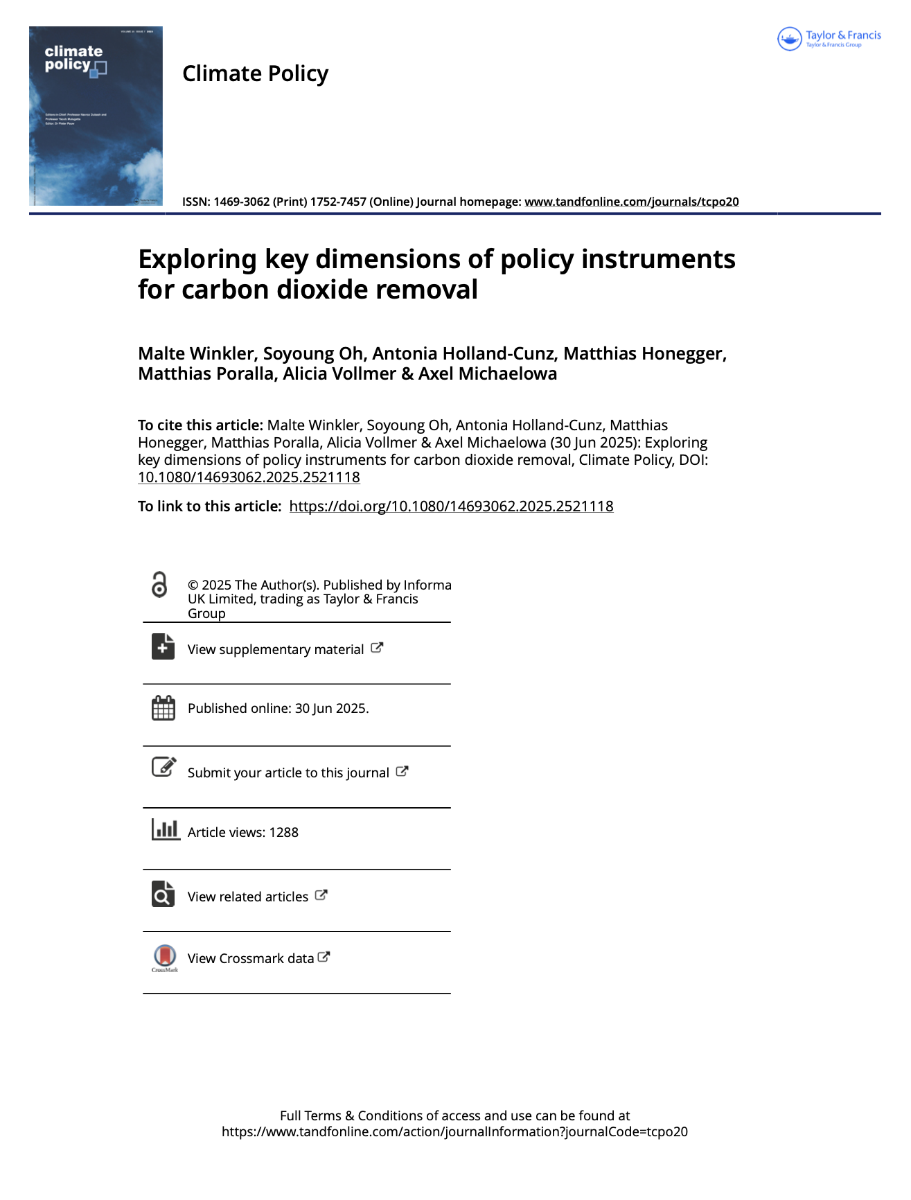 Exploring key dimensions of policy instruments for carbon dioxide removal