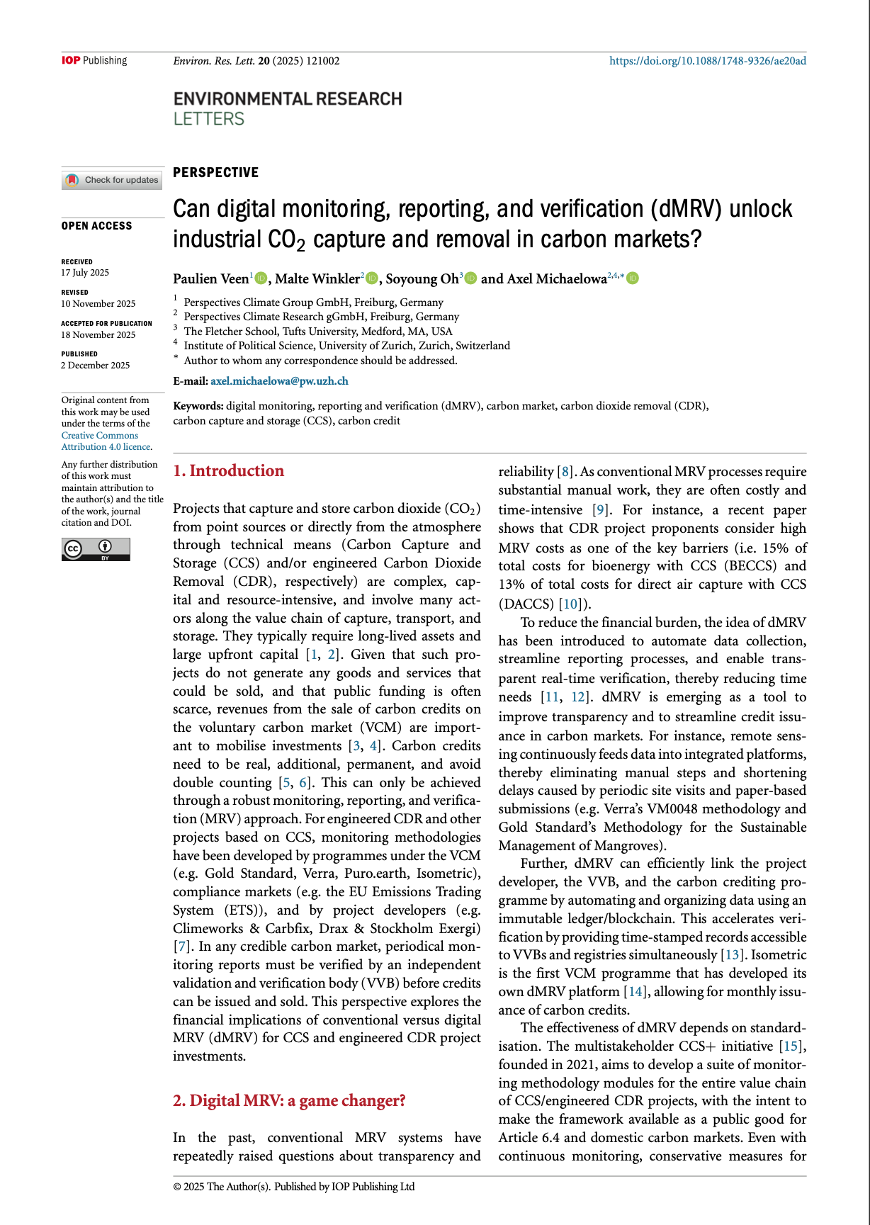 Can digital monitoring, reporting, and verification (dMRV) unlock industrial CO2 capture and removal in carbon markets?