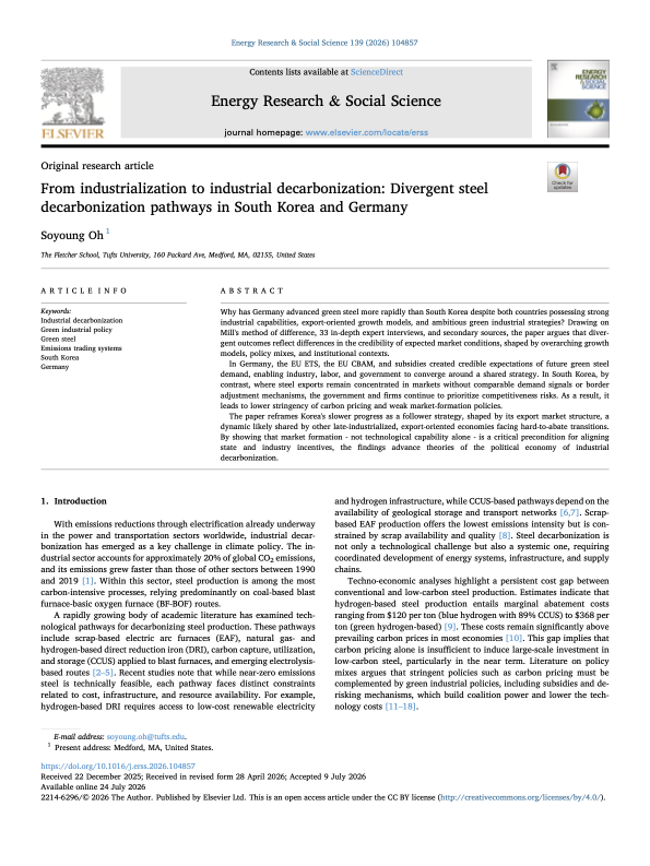 From industrialization to industrial decarbonization: Divergent steel decarbonization pathways in South Korea and Germany