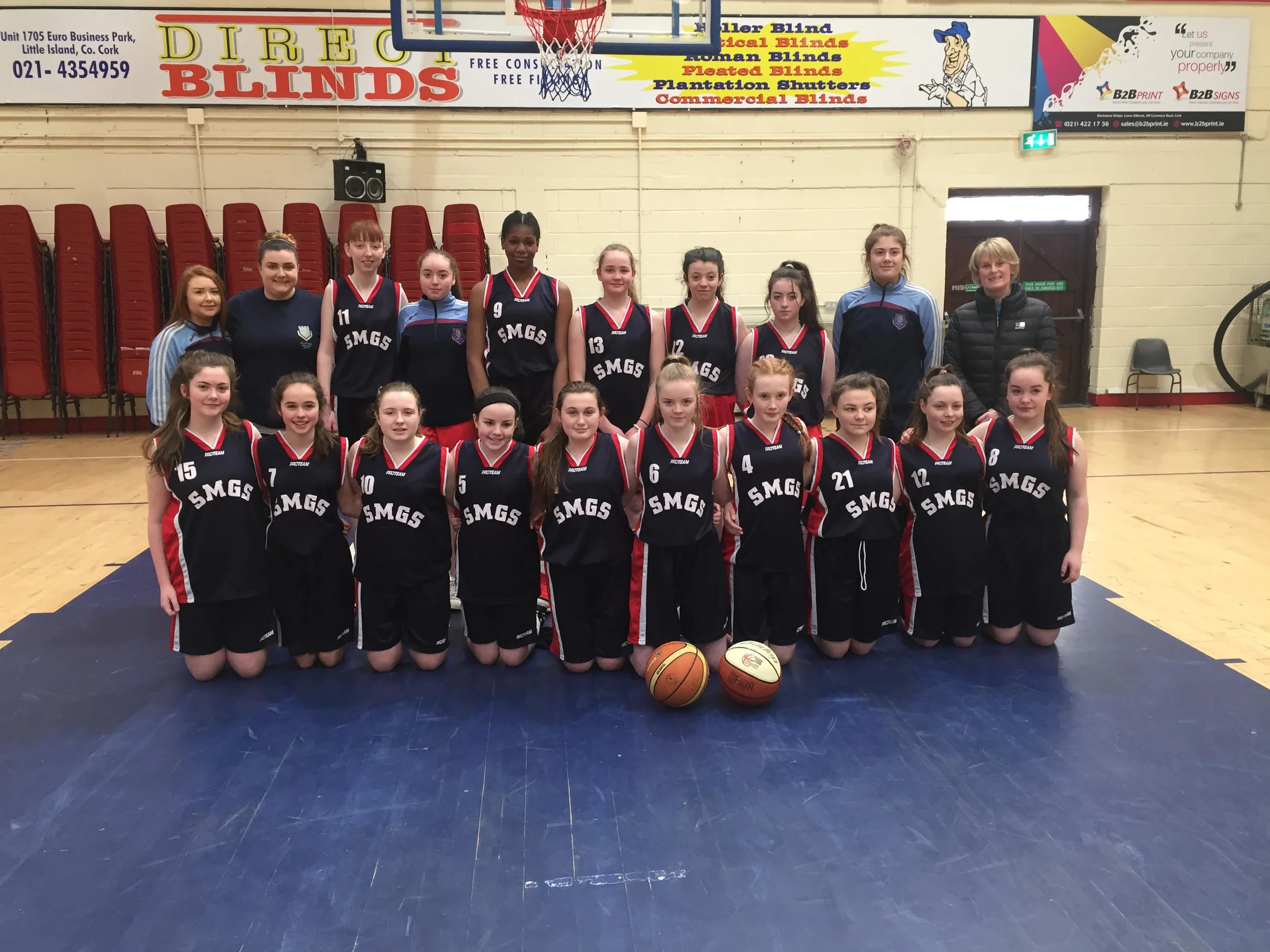 Team : ( back left to right ) Laura Kelleher (coach), Ms Foley (coach), Niamh O’ Leary, Eva Hornibrook, Michelle Ugwah, Sarah Healy, Ellie O’ Keeffe, Ciara O’ Neill, Emma Murphy (coach), Ms Martin (coach). ( front left to right) Kate Sexton, Niamh Barry, Sarah Kiely, Lily Costello, Abbie Babbington, Saoirse Breen (capt.), Orla Humphreys (capt.), Georgia Glasgow, Miriam Murphy and Abby Grace.