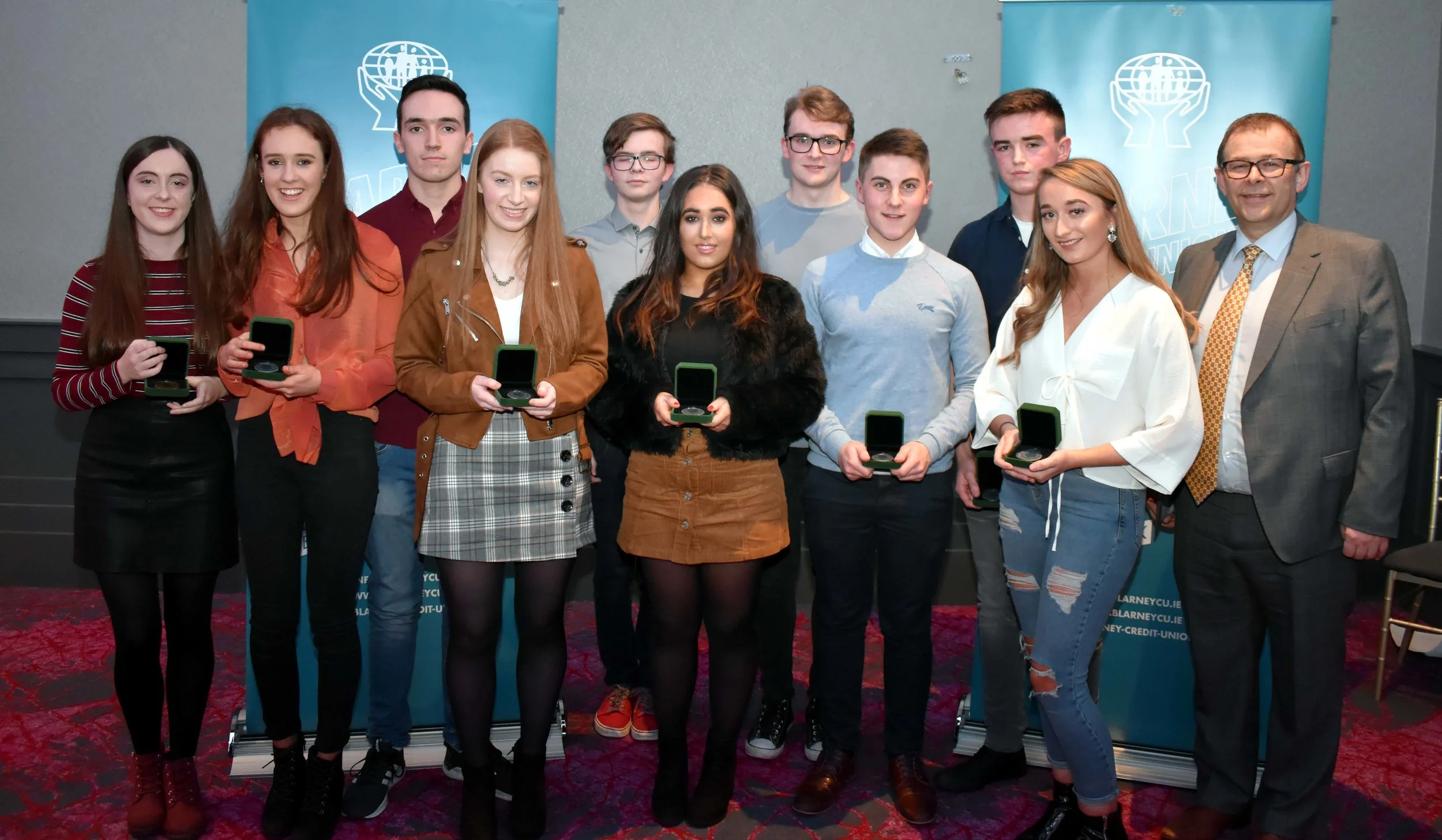 Leaving Cert Class of 2018 over 500 points: (L-R) Laoise Gavin, Ciara Sheehan, David Rea, Karen O’ Connell, Aaron Dorney, Laura O’ Driscoll, Joseph Linehan, Denis O’ Sullivan, Shane Carroll, Sophie Williams. Absent from photo- Giovanni Manfredi and Jason O’ Riordan (Pictured with Mark McGloughlin - BOM and Blarney Credit Union)