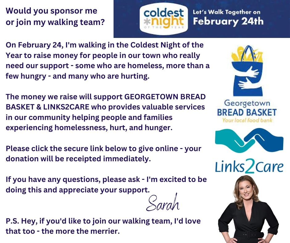 Would you sponsor me 
or join my walking team &ldquo;THE WALKAMOLIES&rdquo;?

On February 24, I'm walking in the Coldest Night of the Year to raise money for people in our town who really need our support - some who are homeless, more than a few hung