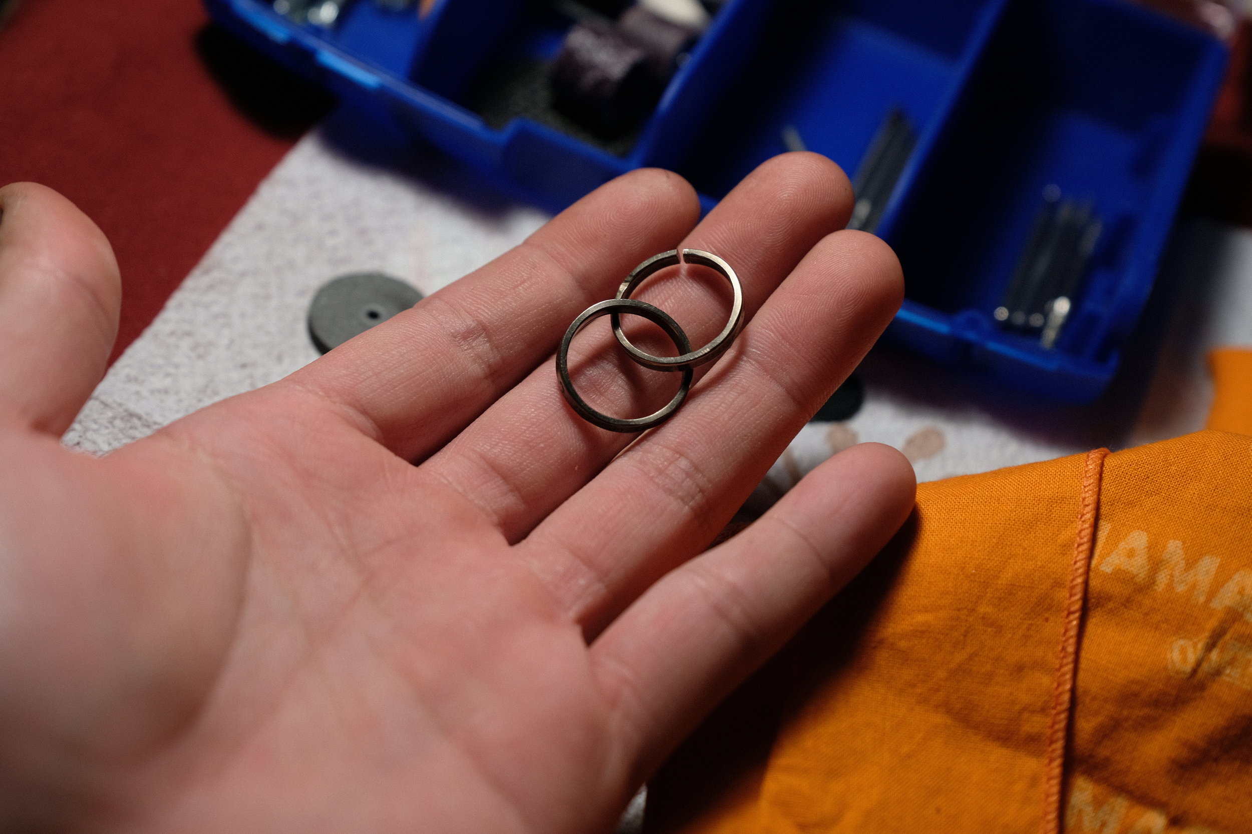  Gently widening the gap allows the other ring through. Though I was initially concerned about deforming the ring, there were no lasting issues. 