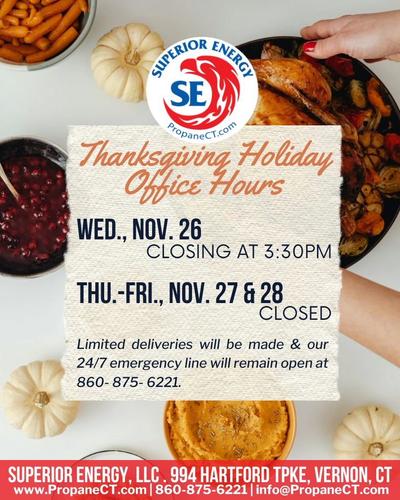 🦃 Thanksgiving Holiday Office Hours:

🍁 Closing early Wed., Nov. 26 at 3:30PM
🥧 Closed Thu.-Fri., Nov. 27 &amp; 28

Limited deliveries will be made &amp; our 24/7 emergency line will remain open at 860‑875‑6221.

🎁 Please join us in Giving Back t
