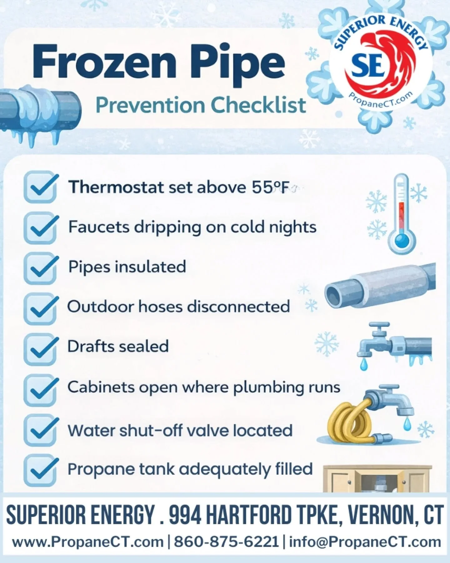 Preventing frozen pipes doesn&rsquo;t require expensive upgrades&mdash;just preparation, awareness, and reliable heating.

Pipes are most vulnerable when:
🌡️Temperatures drop below 32&deg;F
🥶 Heat is inconsistent or turned off
🪠Pipes run along ext