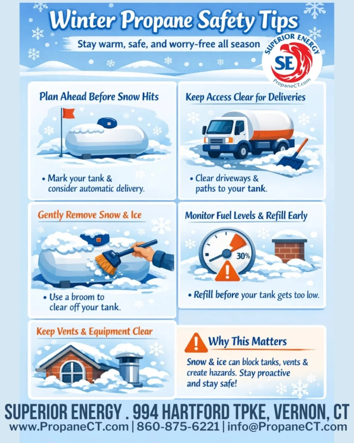 ⚠️ Important winter safety reminders 🌨️ 

Snow, ice, and freezing temperatures can put extra stress on your propane system. 

By taking a few proactive steps, you&rsquo;ll help keep your home safe, maintain reliable heat, and ensure your propane pro