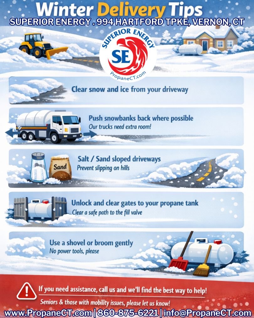 Winter deliveries take teamwork 🤝❄️

A few simple steps help keep our drivers safe and your propane deliveries running smoothly, even after big storms.

Please remember to:
🚜 Clear snow and ice from your driveway
&harr;️ Push snowbanks back where p