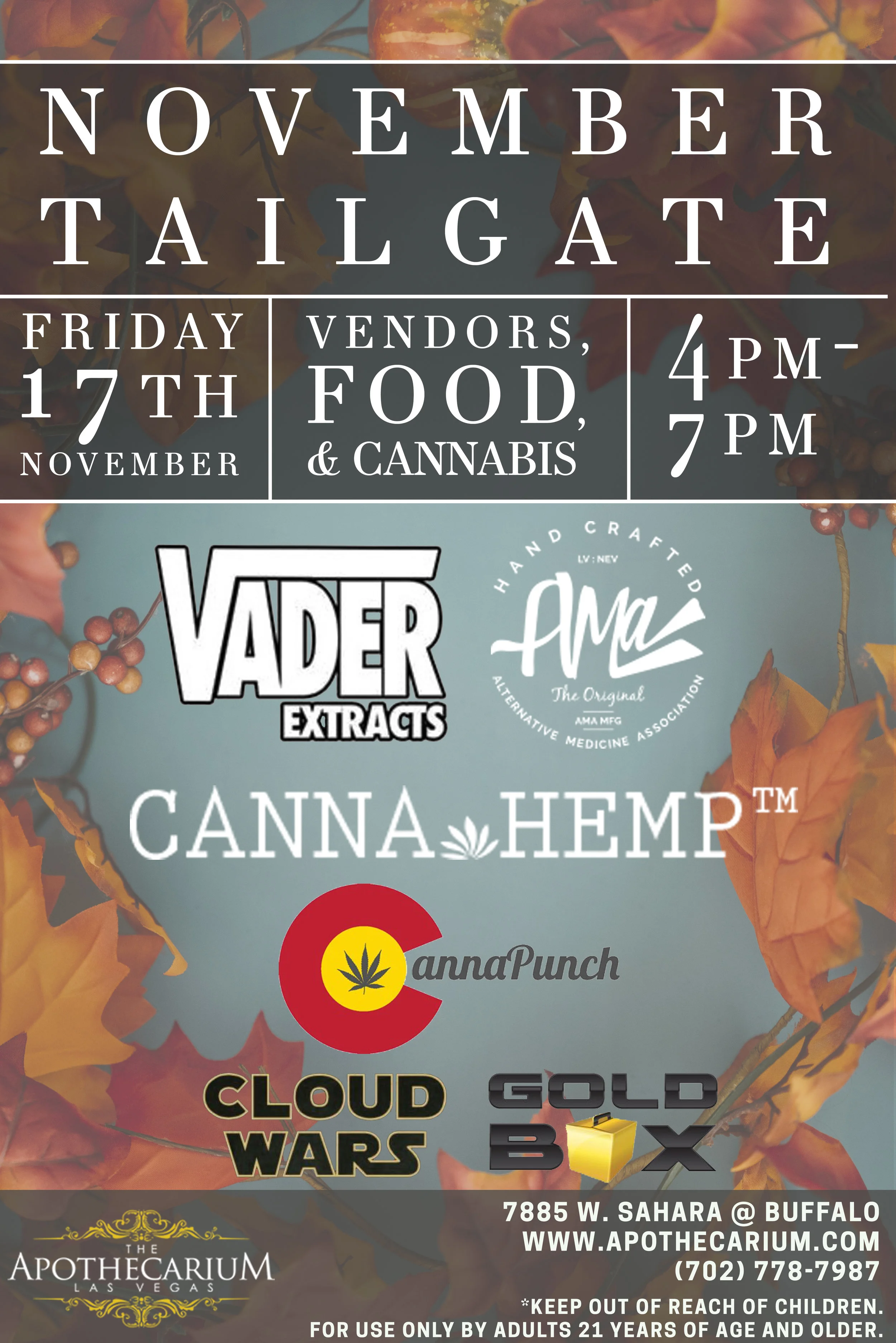 the apothecarium las vegas a medical and recreational cannabis dispensary discusses their november tailgate with ama, vader extracts, cannahemp, cannapunch, cloud wars, and gold box