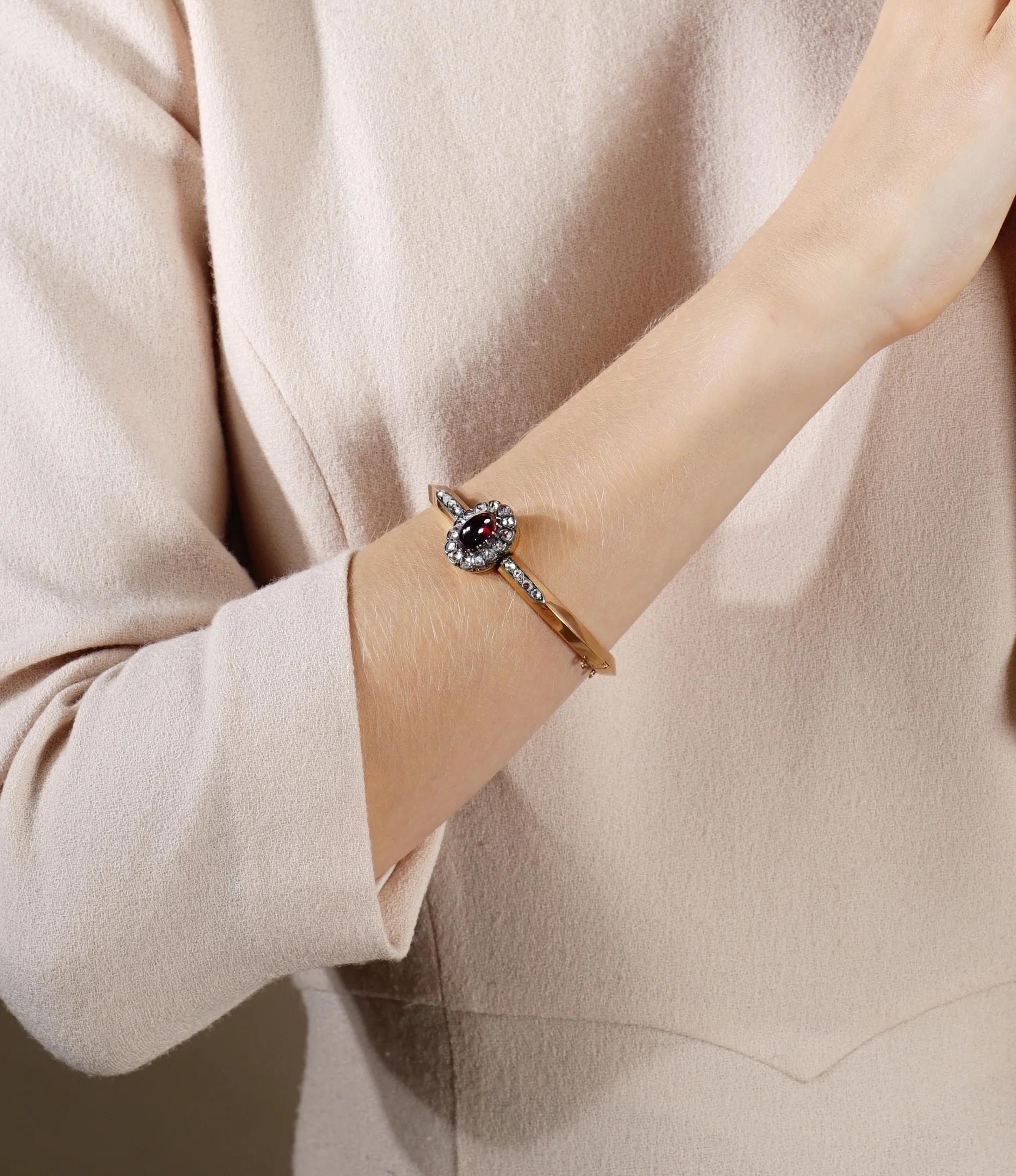 Iskenderian Bangle Bracelet Garnet Diamond Rose cut Silver Gold.jpg
