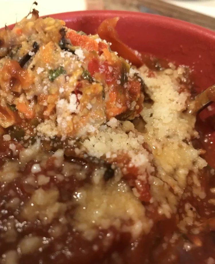 Baked turkey meatballs (oatmeal, carrots, eggs, bell peppers & kale) in Spicy Marinara with Parmesan