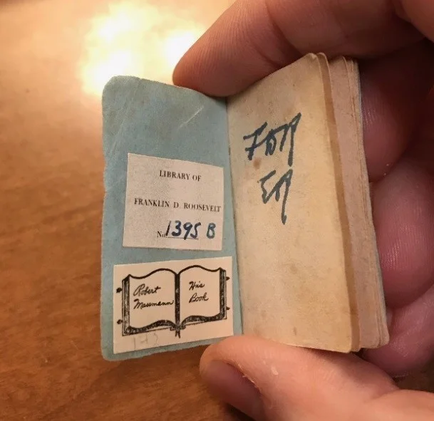The free endpaper shows the initials of FDR and ER, handwritten by ER, photo courtesy of Small Library, University of Virginia. Inside of front cover, showing the FDR bookplate, file number 1395, and a second bookplate showing the book at one time being part of the library of Robert Massmann.