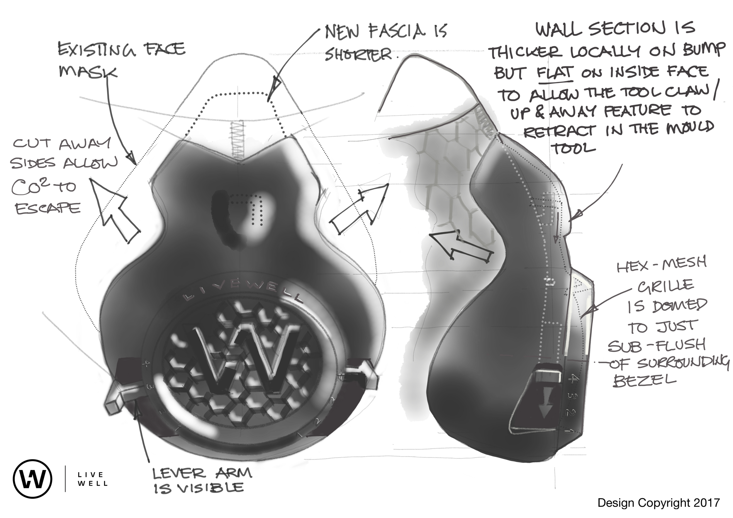 Mask front &amp; side elevation sketch