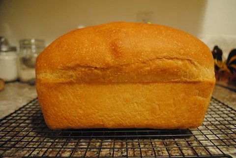 The fully baked bread cooling on a wire rack.