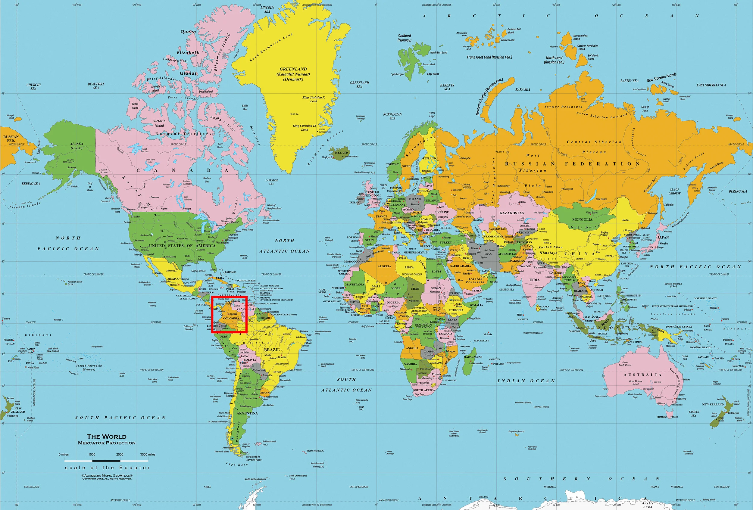 Colombia is located in the red box. Map from worldmapsonline.com