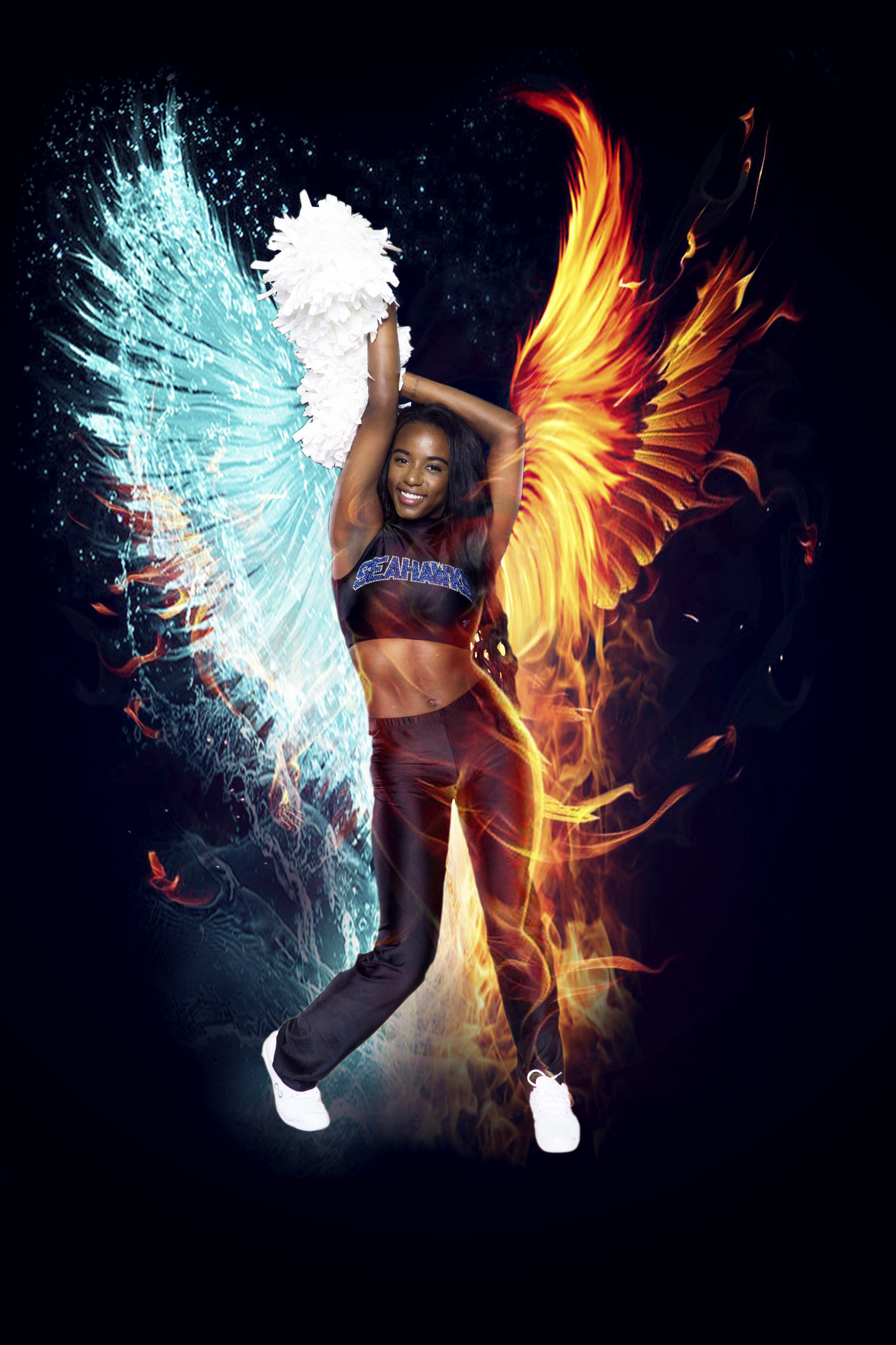 Cheerleader in black uniform with pom-poms and angel wings made of ice and fire in the background.