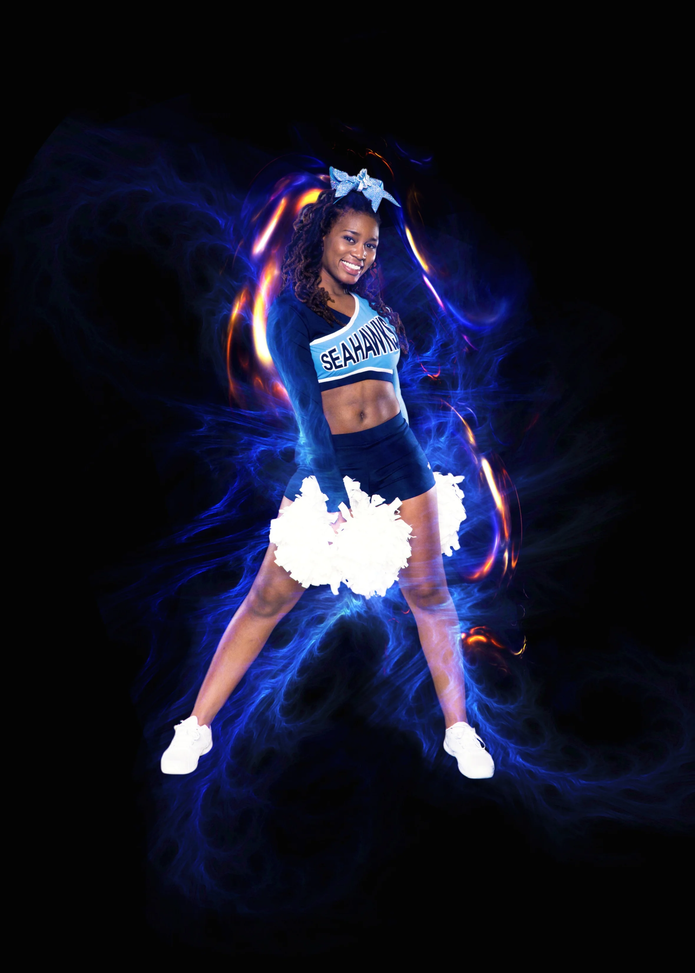 Cheerleader in Seahawks uniform with pom-poms, against a vibrant blue and orange swirl background.