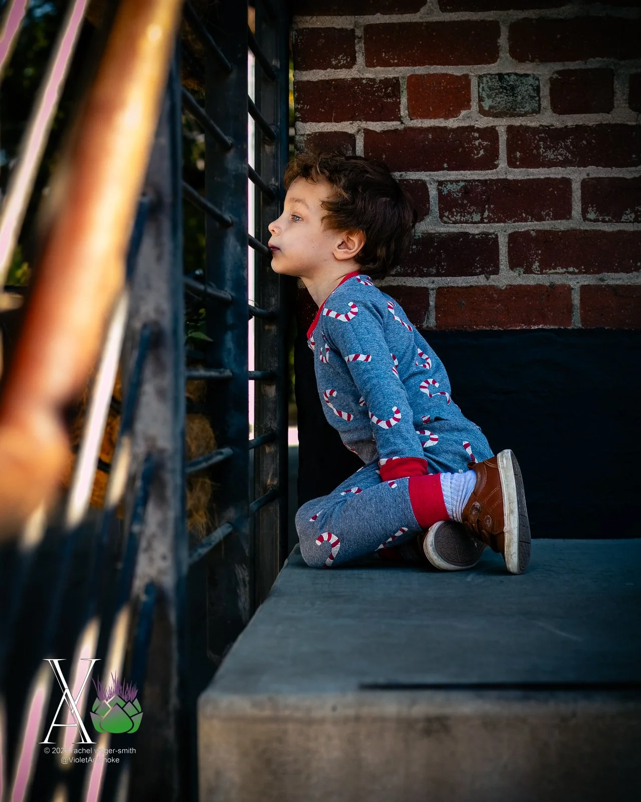 Young Boy Looks Through Metal Railing