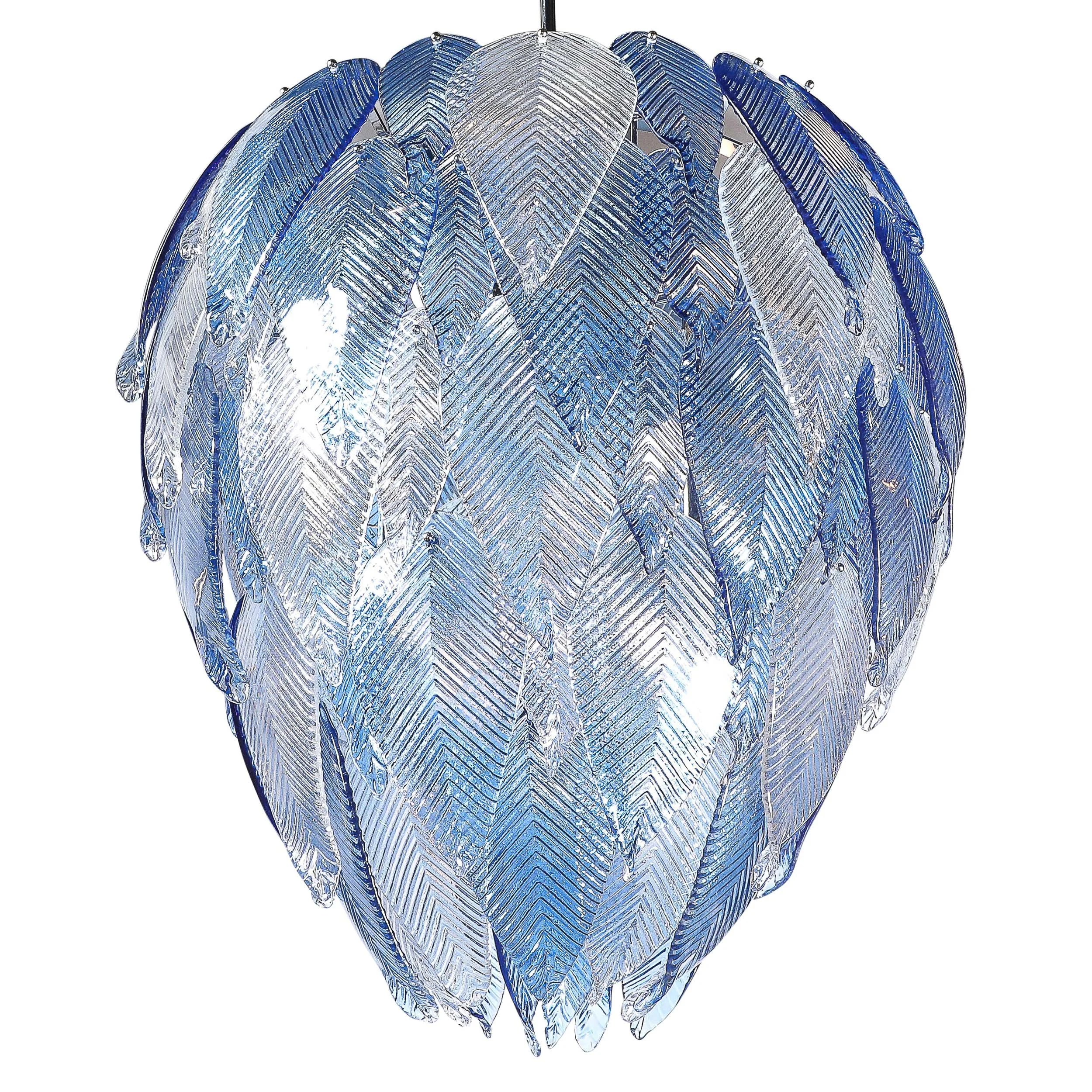 Modernist Hand-Blown Reeded Blue & Clear Murano Glass Leaf Chandelier w: Chrome - High Style Deco 1.jpg