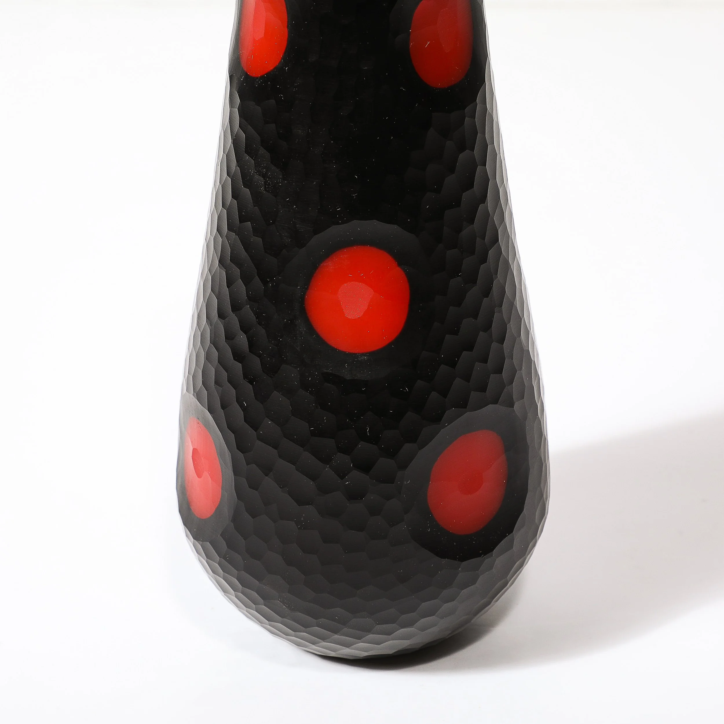 Mid-Century Hand-Blown Black W: Vermillion Detailing Murano Battuto Glass Vase - High Style Deco 5.jpg