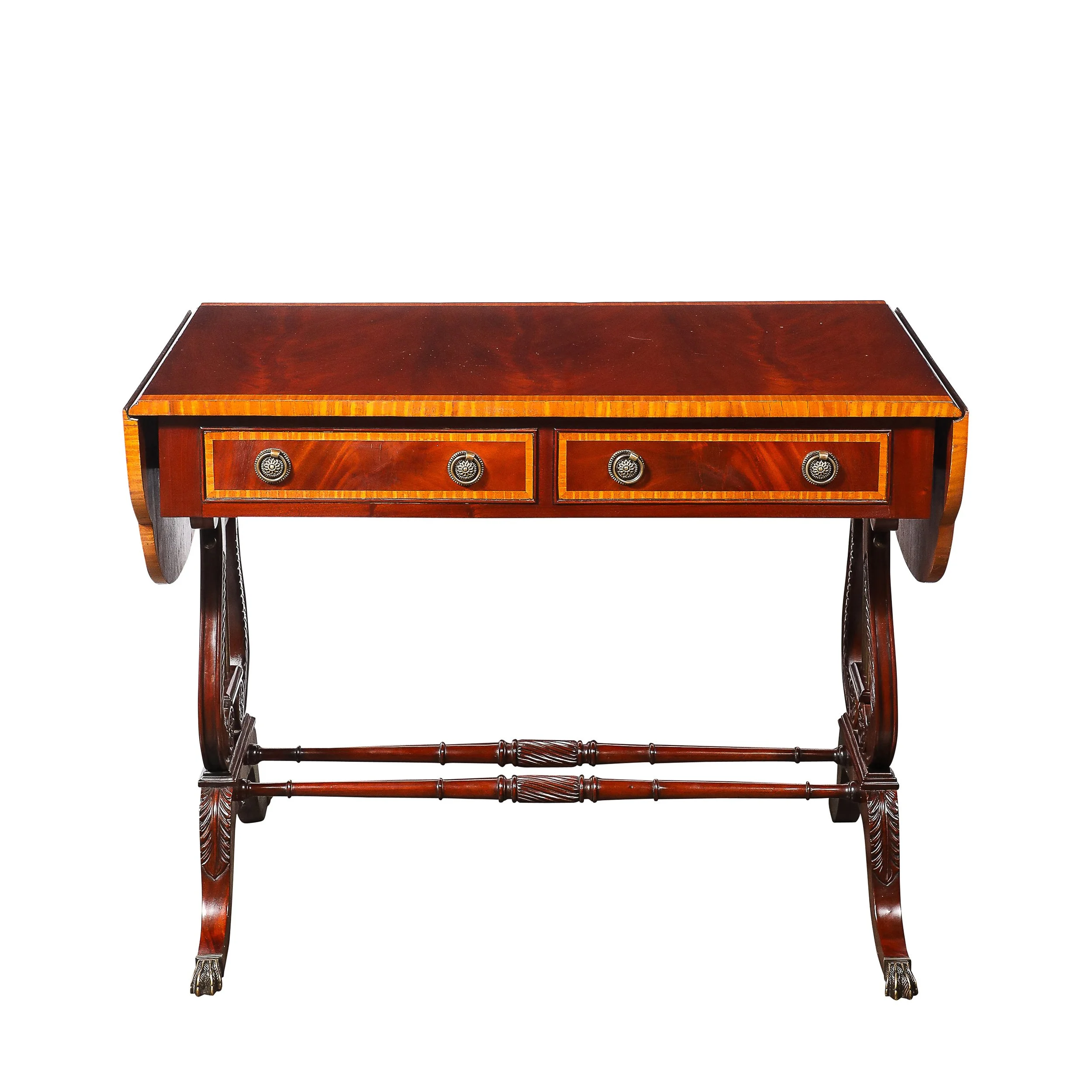 Edwardian Mahogany Writing Desk w: Inlaid Exotic Wood Detailing & Bronze Pulls - High Style Deco 2.jpg