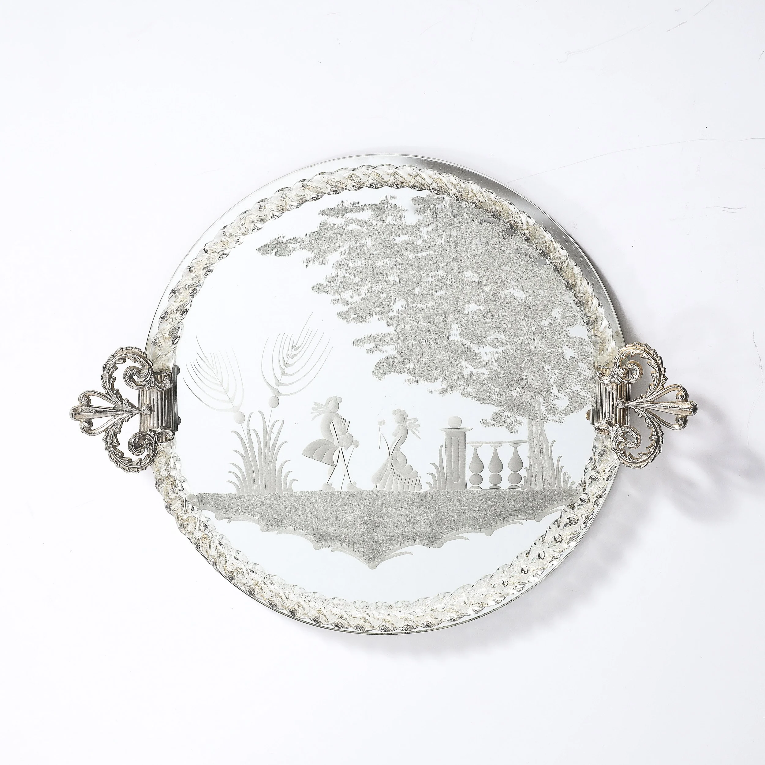 Classical Reversed Etched Mirrored Tray w: Pastoral Scene & Twisted Glass Border - High Style Deco 13.jpg
