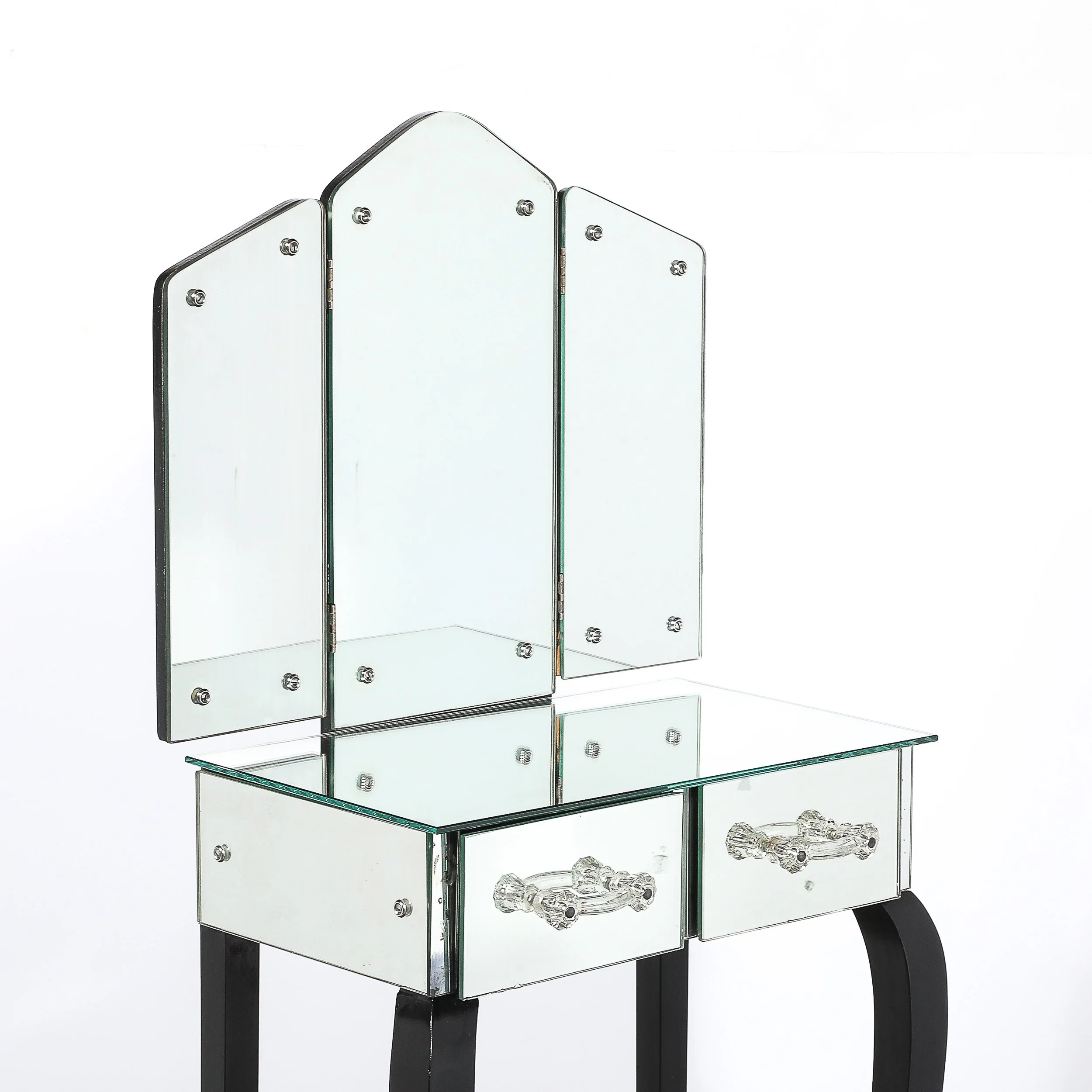 Art Deco Hollywood Mirrored Trifold Ebonized Cabriole Leg Vanity w: Glass Pulls - High Style Deco 14.jpg