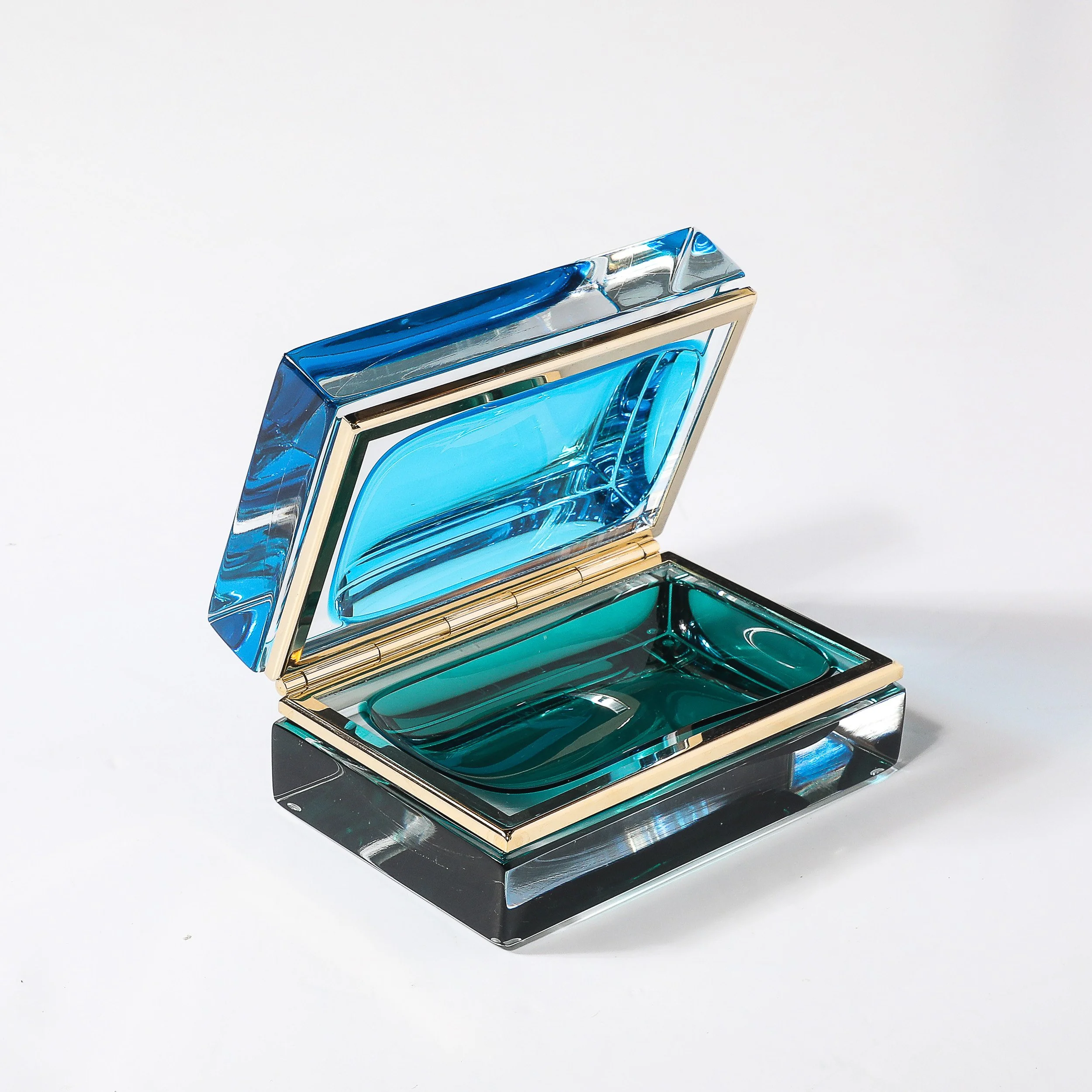 Modernist Hand-Blown Murano Glass Box in Ultramarine & Phthalo w: Polished Brass - High Style Deco 12.jpg