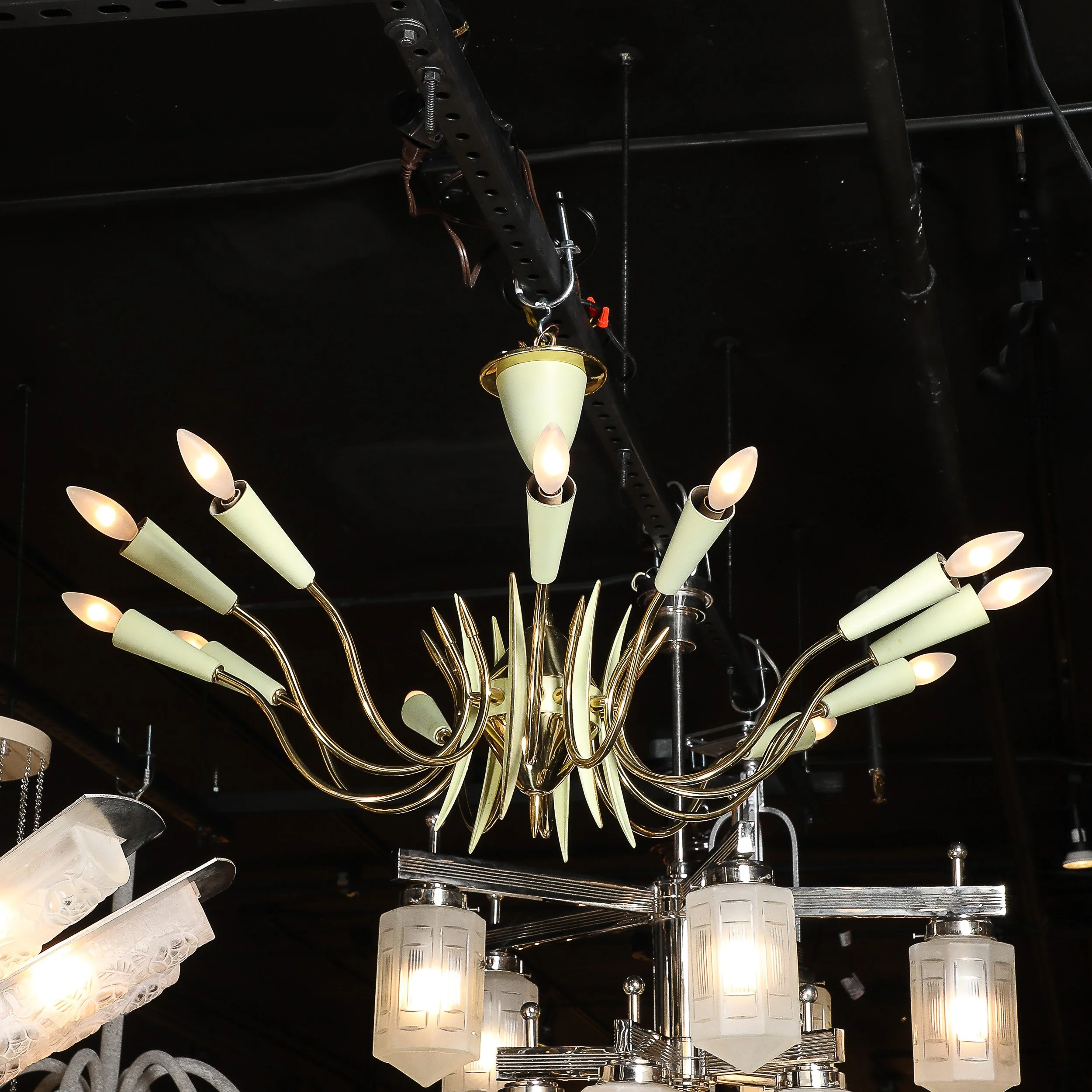 Mid-Century Polished Brass & Green Enamel 12 Light Chandelier by Stilnovo - High Style Deco 3.jpg