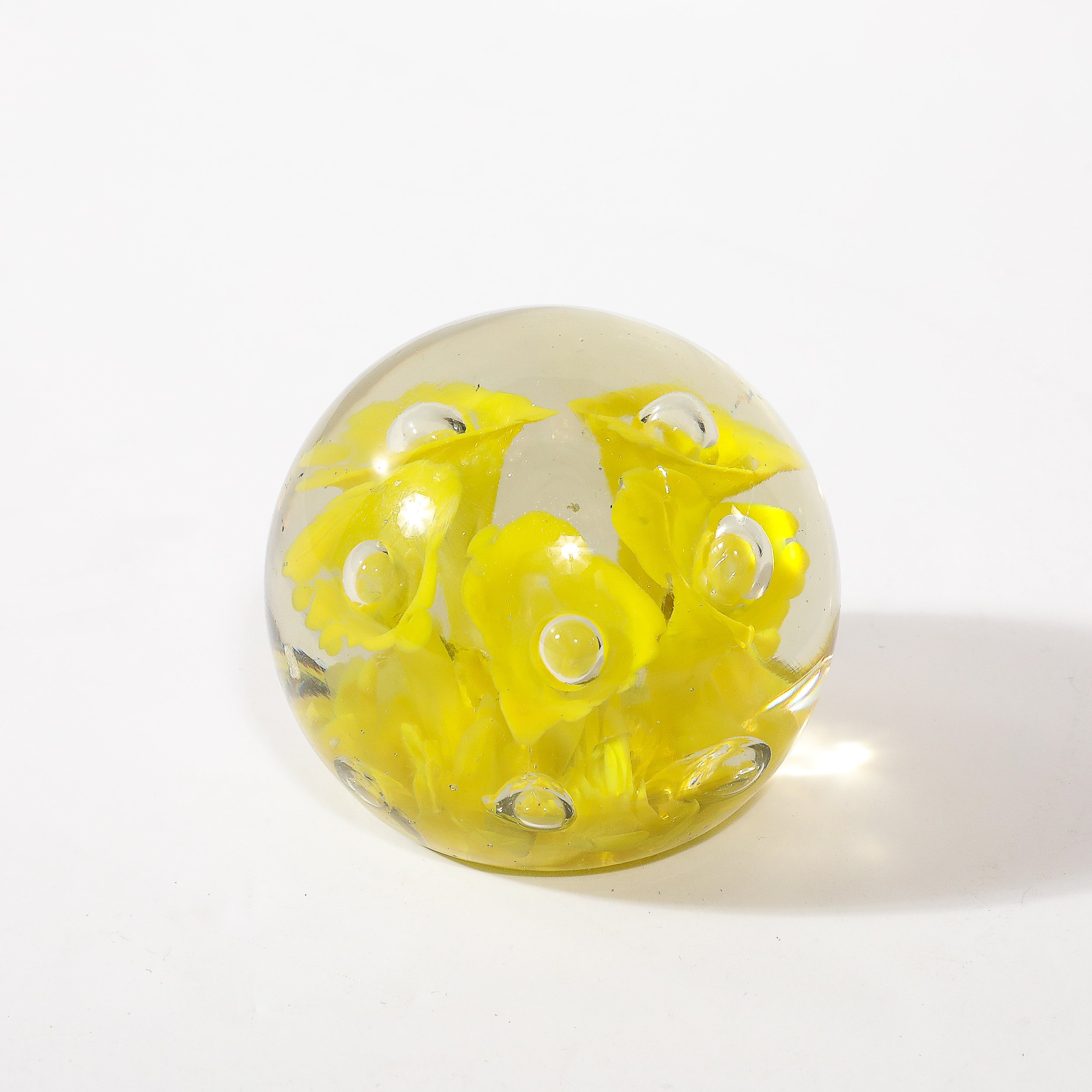 Mid-Century Hand-Blown Murano Glass Paperweight w: Yellow Trumpet Motif - High Style Deco 1.jpg