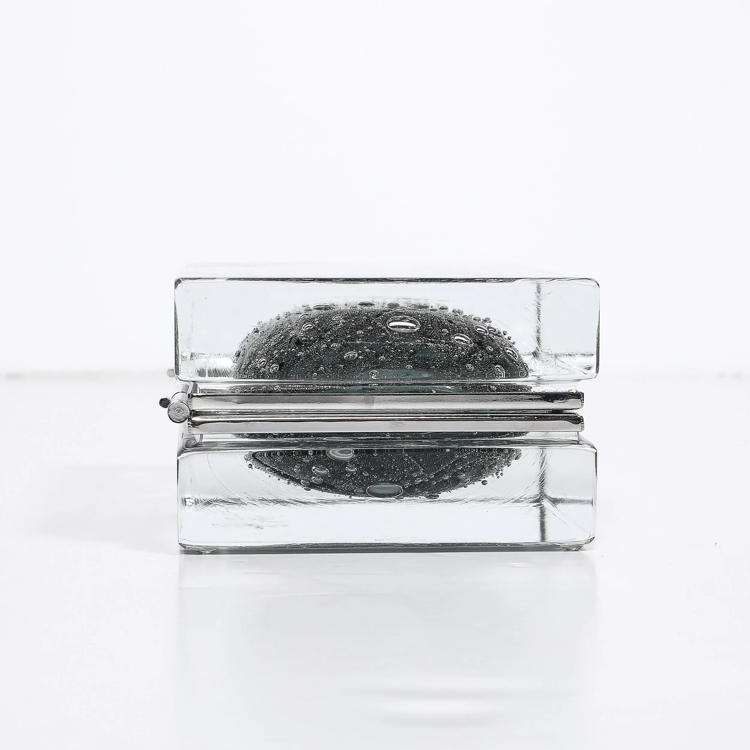Modernist Handblown Murano Glass Box in Sage Grey W: Pulegoso Detailing & Nickel - High Style Deco 3.jpg