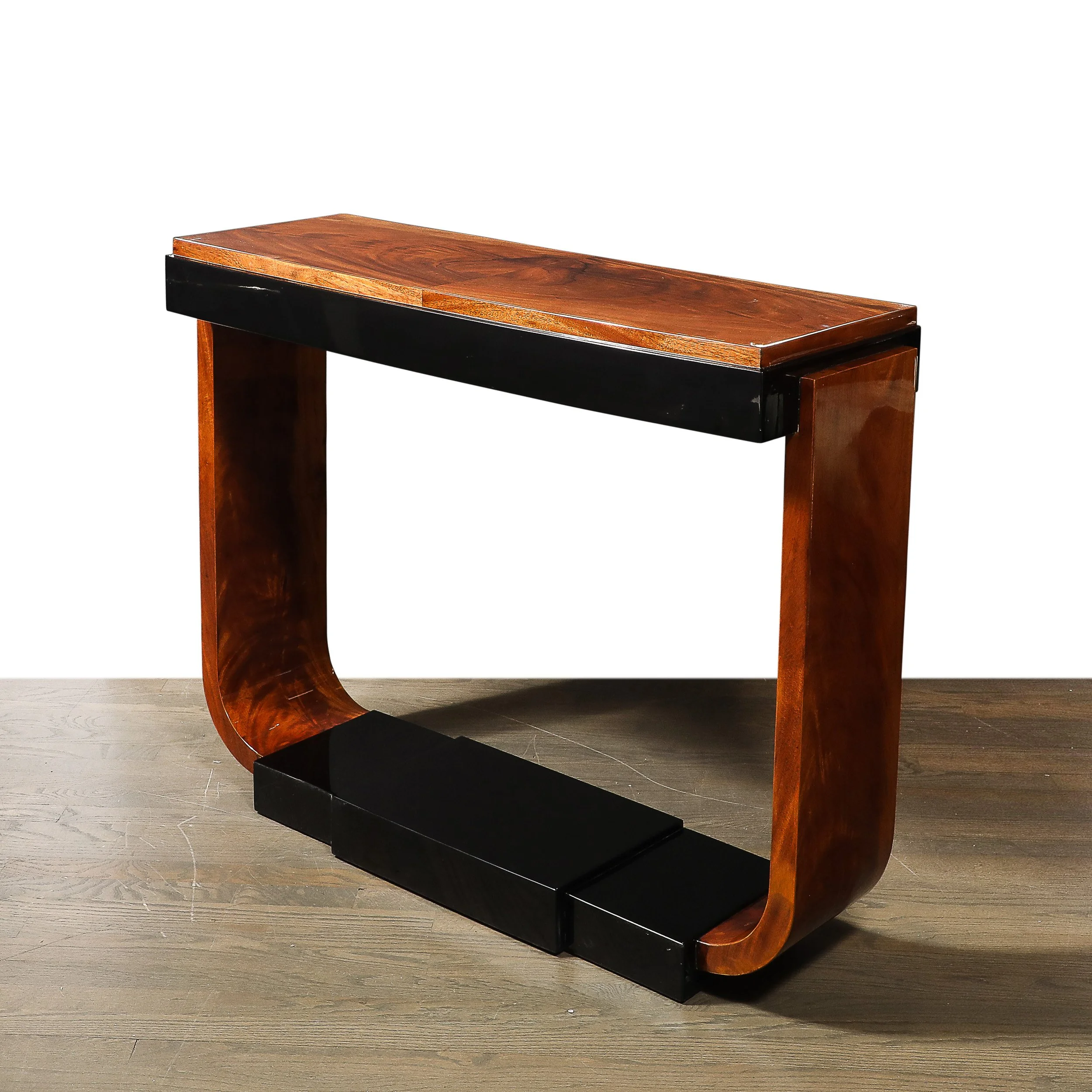 Art Deco Machine Age Book-Matched Walnut w: Black Lacquer Accent Console Tables - High Style Deco 3.jpg