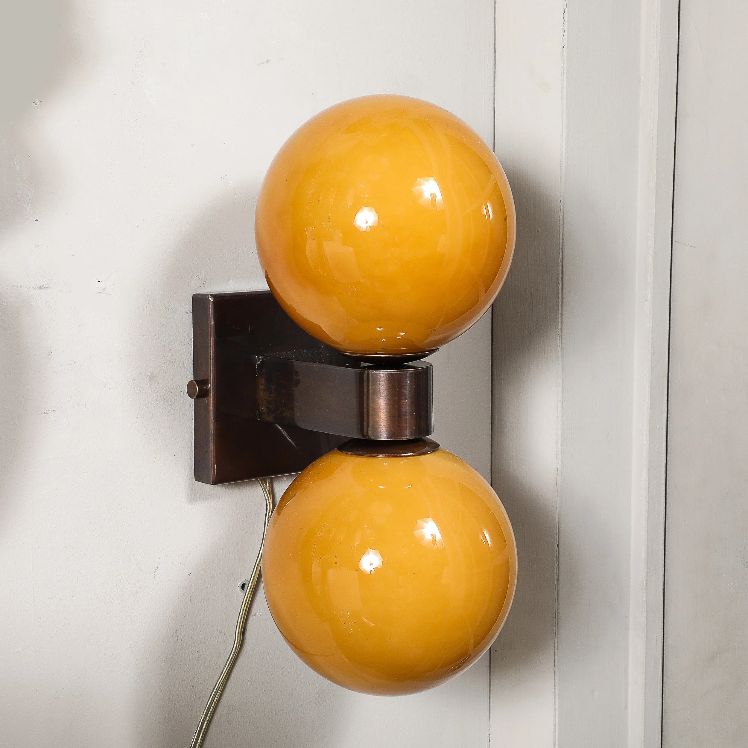 Modernist Hand-Blown Murano Smoked Golden Moon Hue Glass Double Sphere Sconces - High Style Deco 6.jpg
