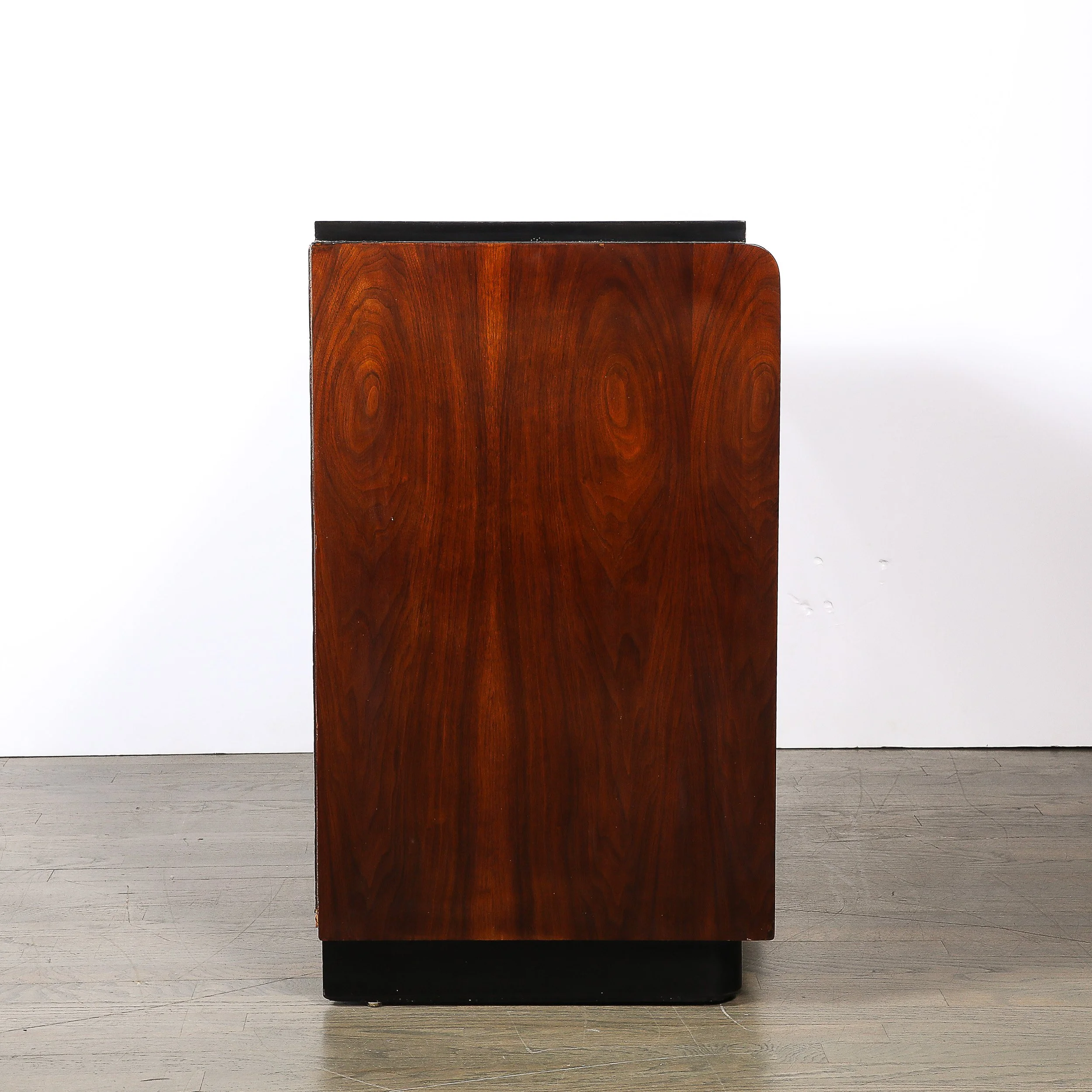 Art Deco Machine Age Waterfall Front Book-Matched Walnut & Black Lacquer Cabinet - High Style Deco 14.jpg