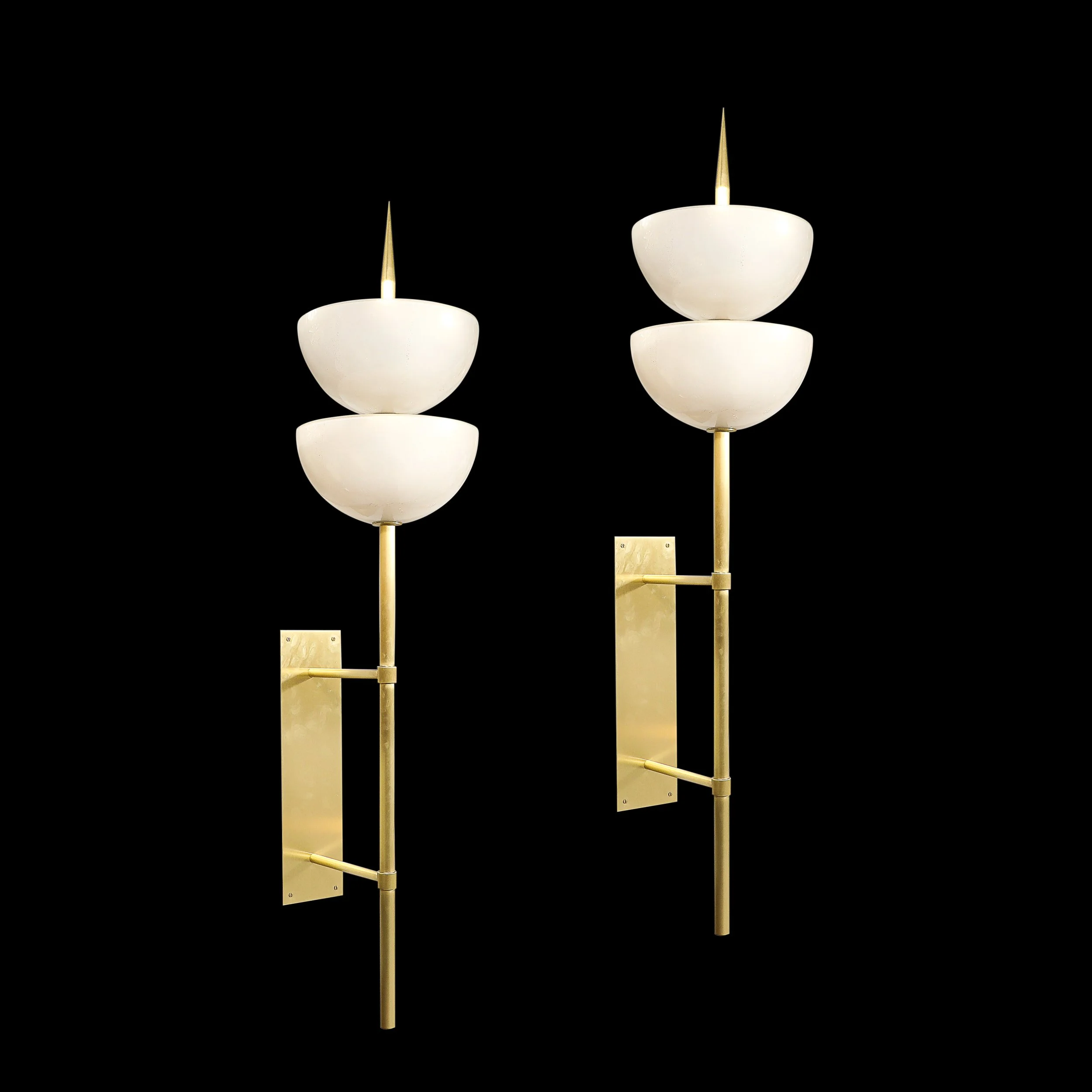 Modernist Hand-Blown Murano Glass Reverse Dome Form Brushed Brass Sconces - High Style Deco 14.jpg