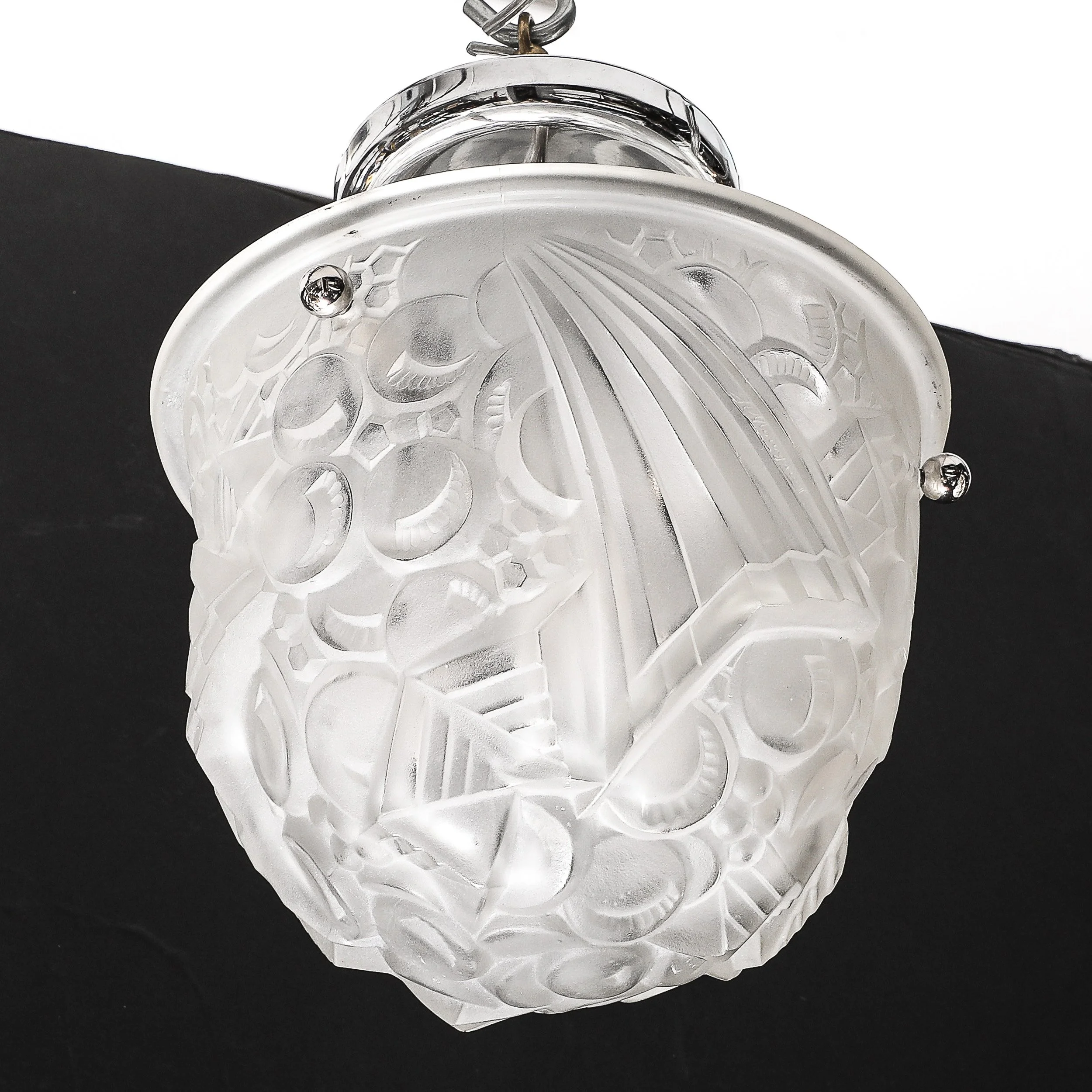 Art Deco Molded & Frosted Glass Pendant w: Cubist Detailing by Muller Freres - High Style Deco 6.jpg