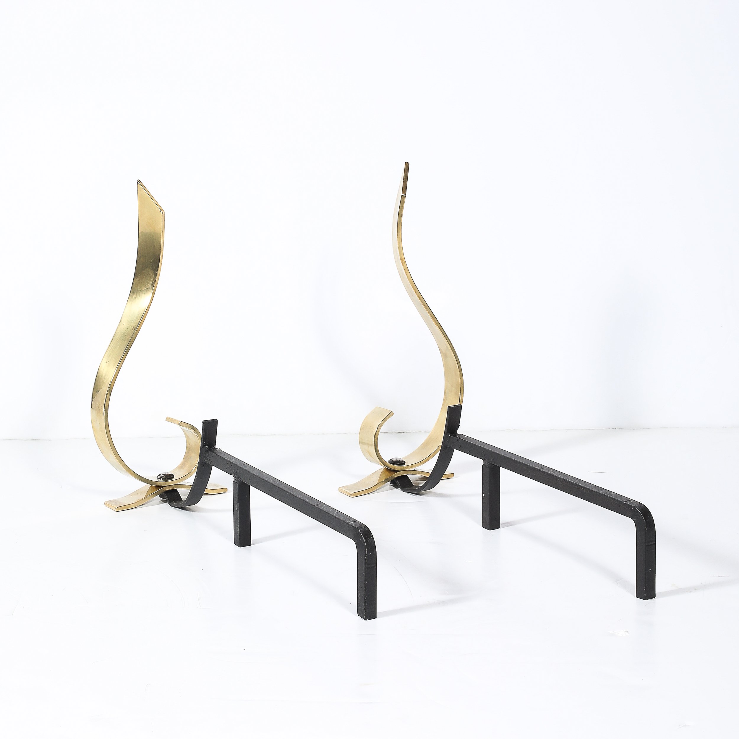 Pair of Mid-Century Curvilinear Polished Brass Andirons with Gunmetal Fittings - High Style Deco 7.jpg