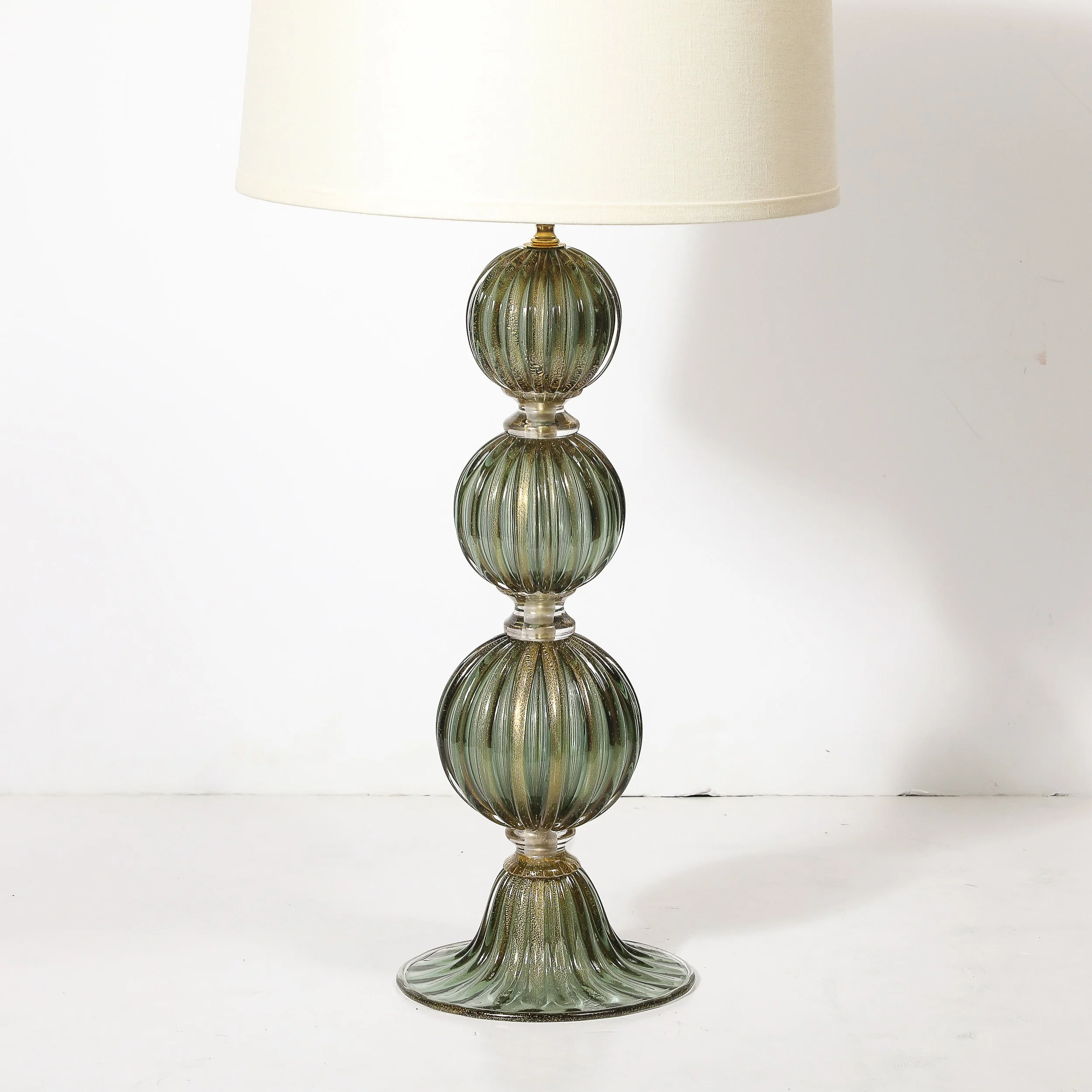 Modernist Hand-Blown Smoked Emerald Murano Glass Fluted Stacked Ball Table Lamps - High Style Deco 1.jpg