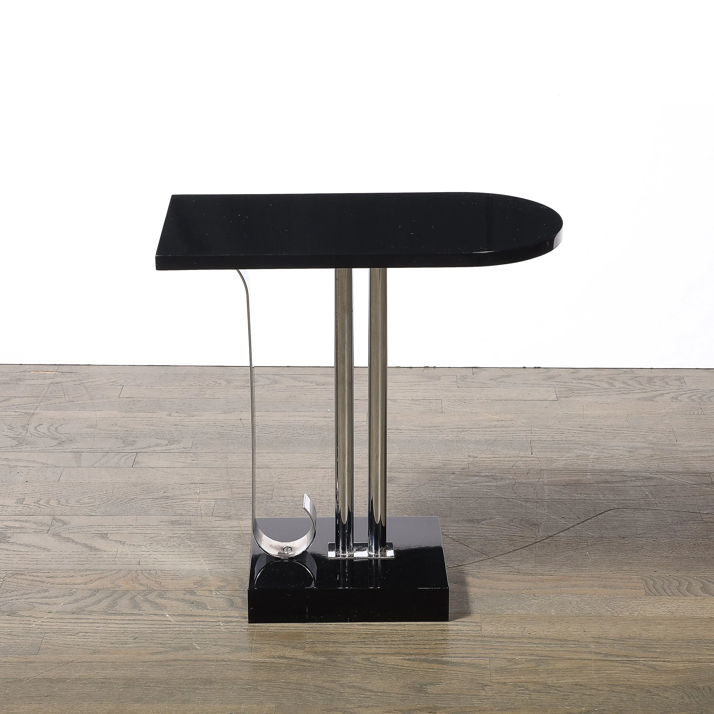 Streamlined Table Art Deco Black Lacquer & Chrome Streamlined End Table w/ Scroll Detail ...