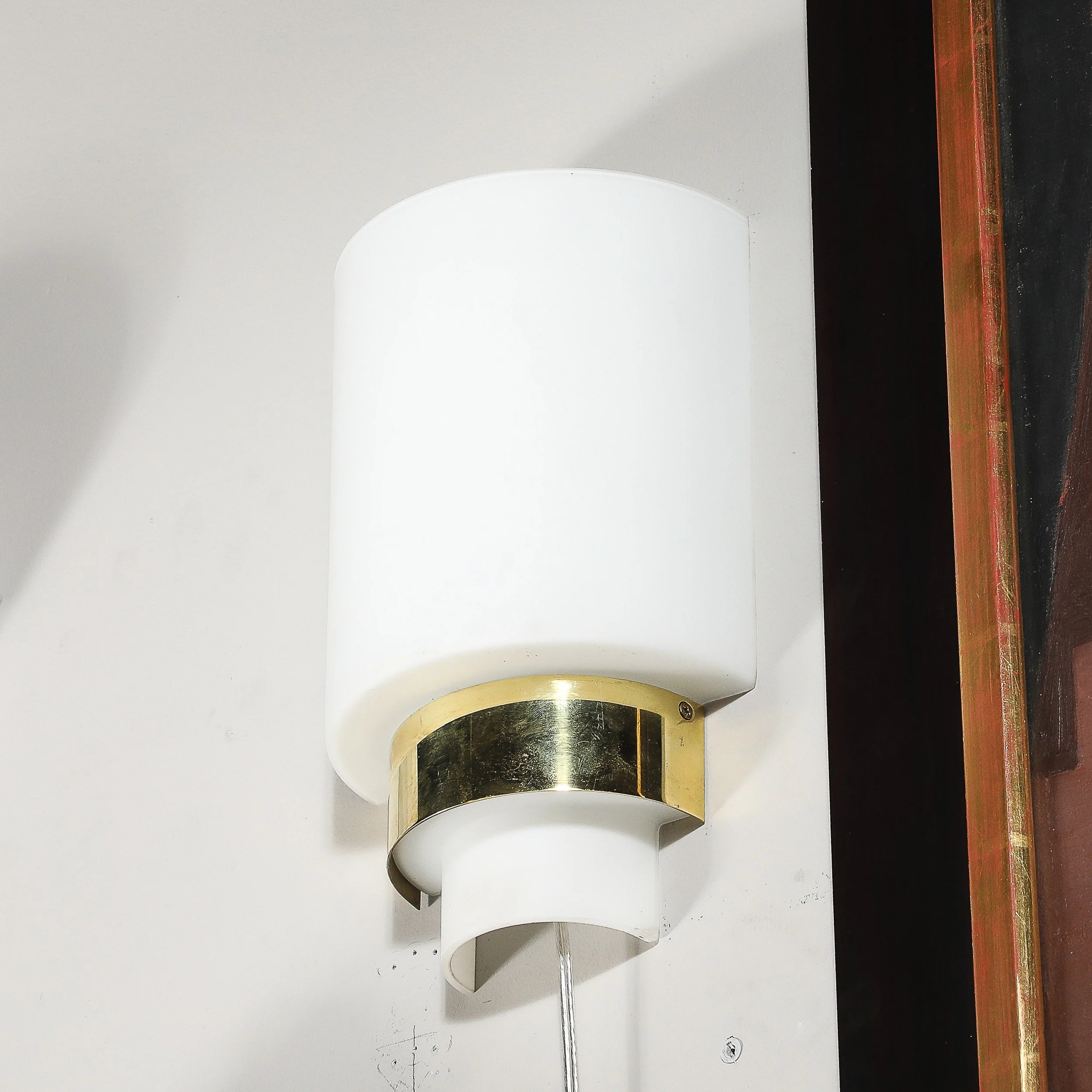 Pair of Mid-Century Modernist Minimal Frosted Glass & Brass Sconces - High Style Deco 11.jpg