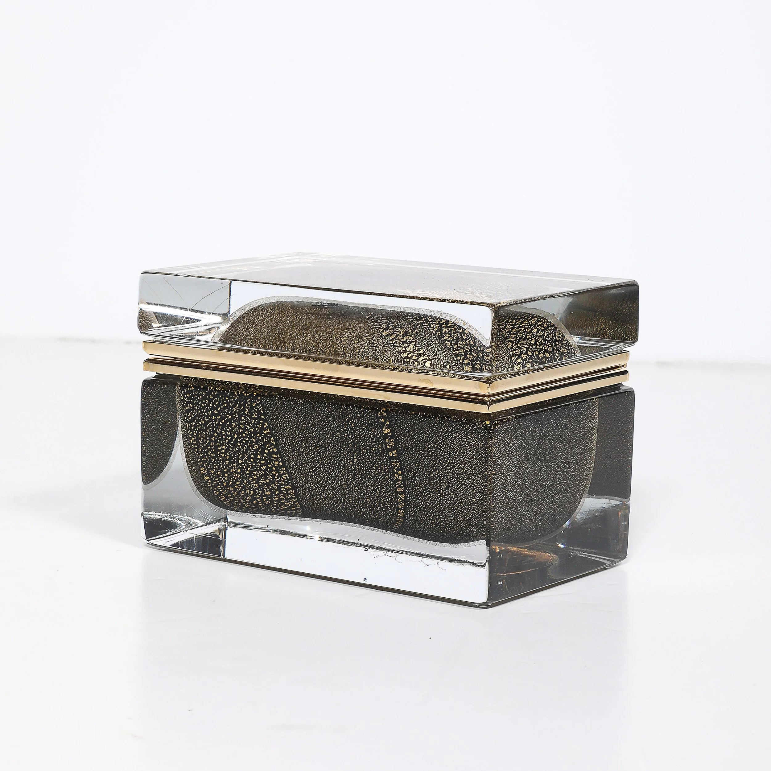 Modernist Hand-Blown Murano Glass Box in Black W: 24Karat Gold Flecks & Brass - High Style Deco 5.jpg